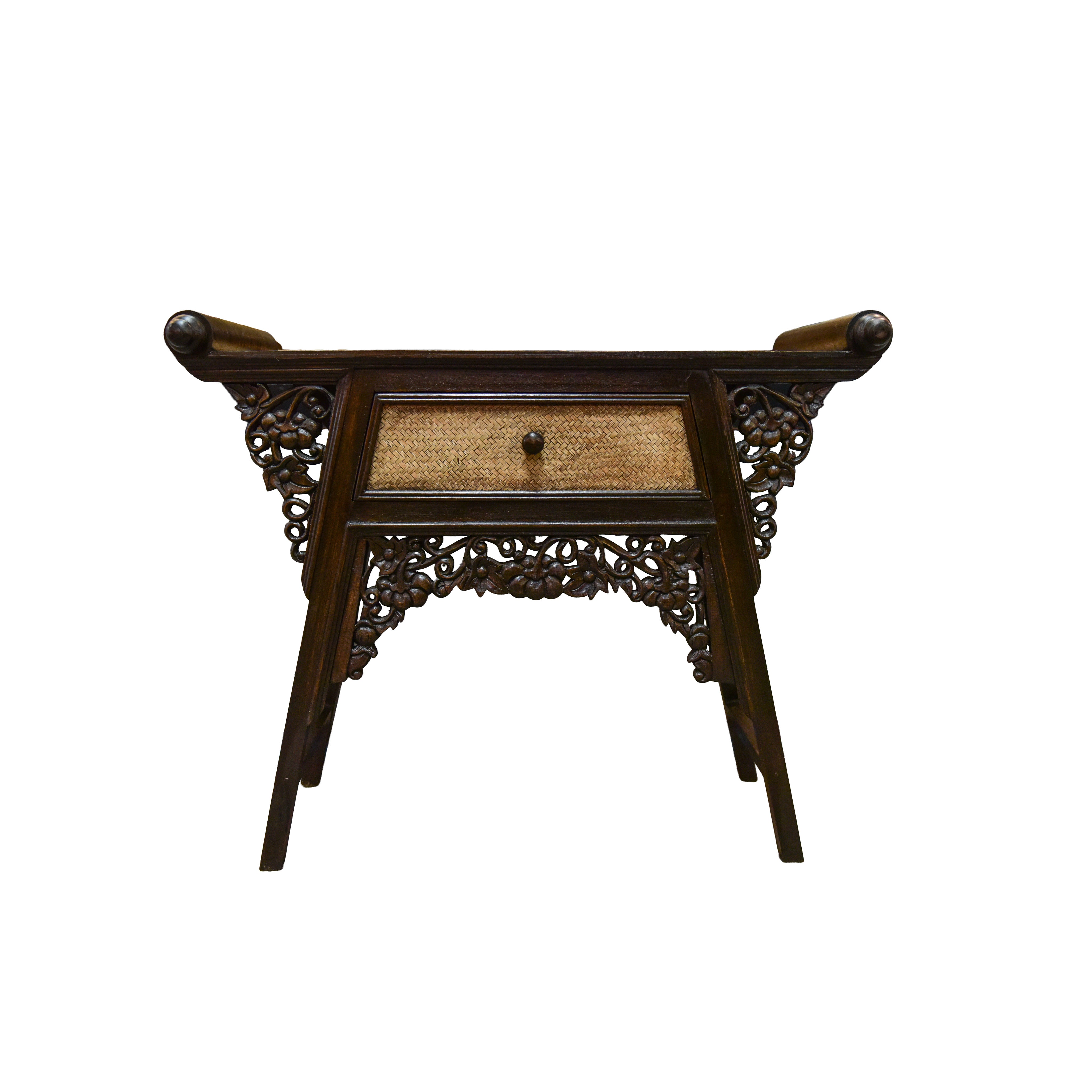 Single-Drawer Console in Solid Thai Hardwood and Woven Bamboo with Grape Carvings