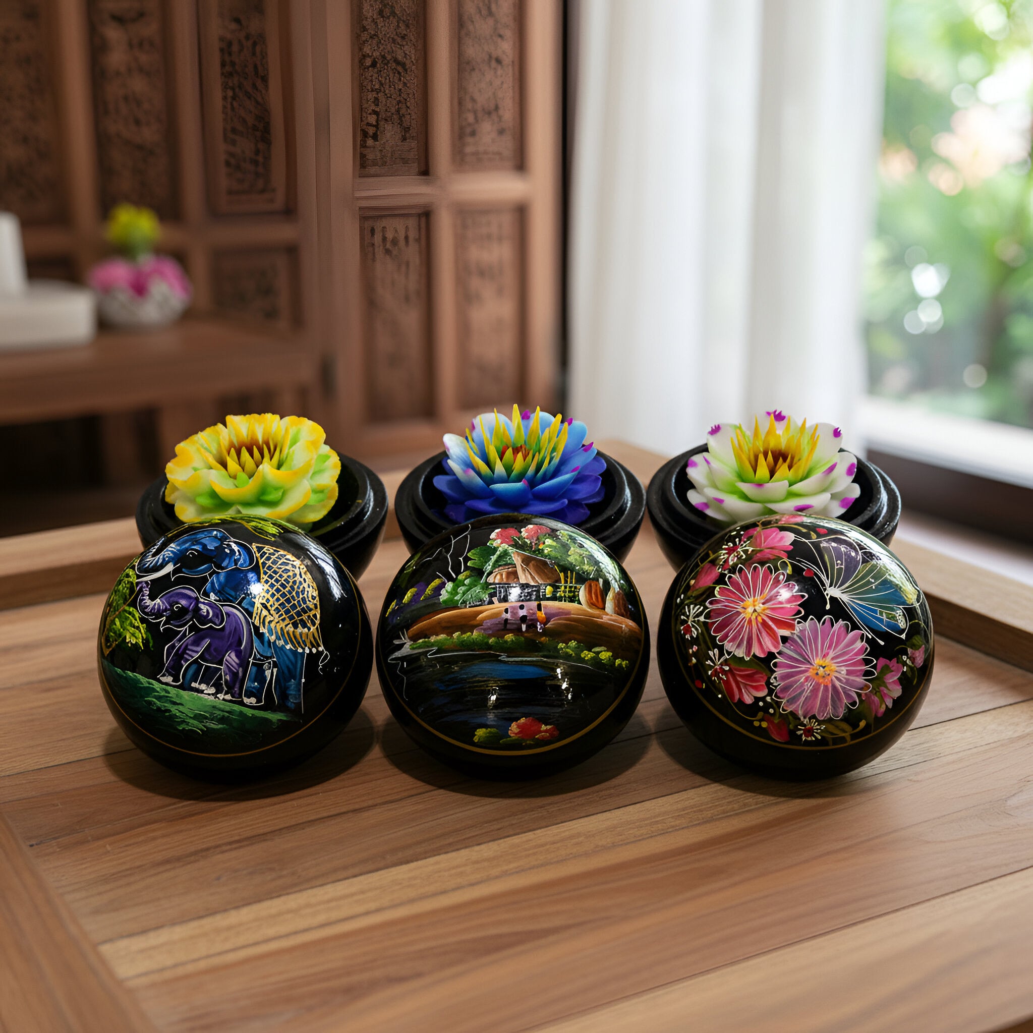 Hand-Carved Thai Soap Resembling Carnation Flower in Hand-Painted Lacquer Box - Decorative Gift