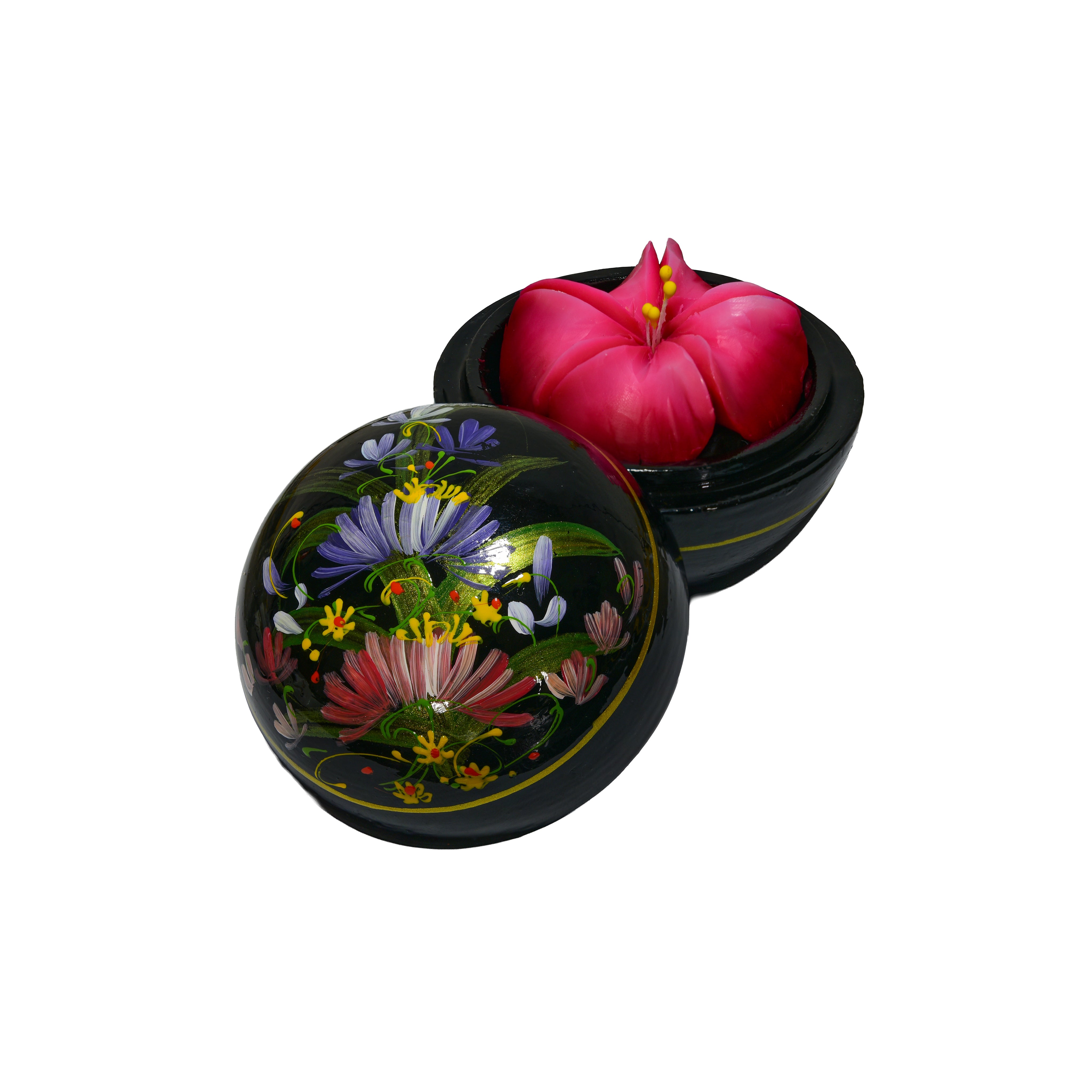 Handgeschnitzte thailändische Seife in Form einer Hibiskusblüte in handbemalter Lackdose – Dekoratives Geschenk
