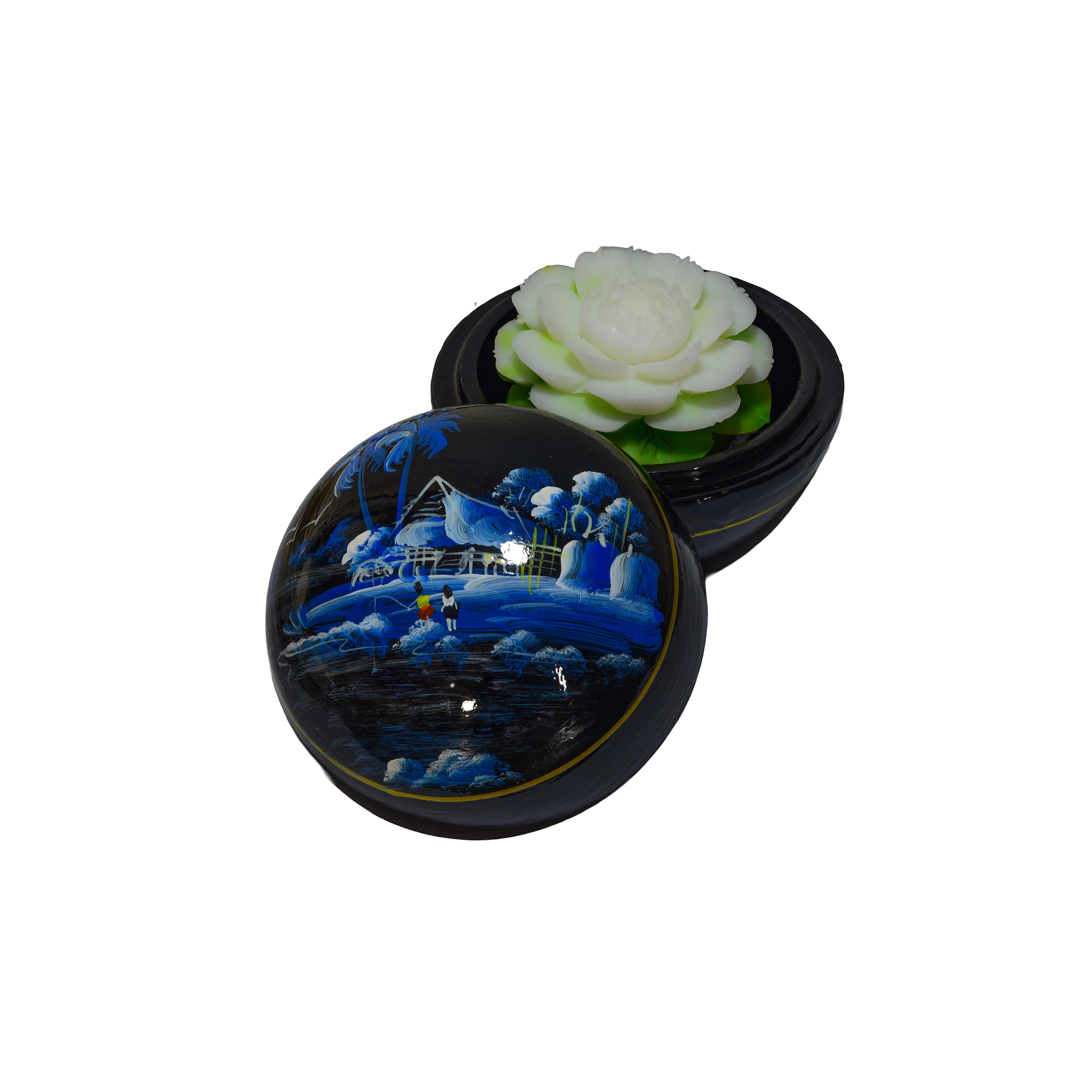 Savon thaïlandais sculpté à la main en forme de fleur de jasmin, présenté dans un coffret laqué peint à la main - Cadeau décoratif