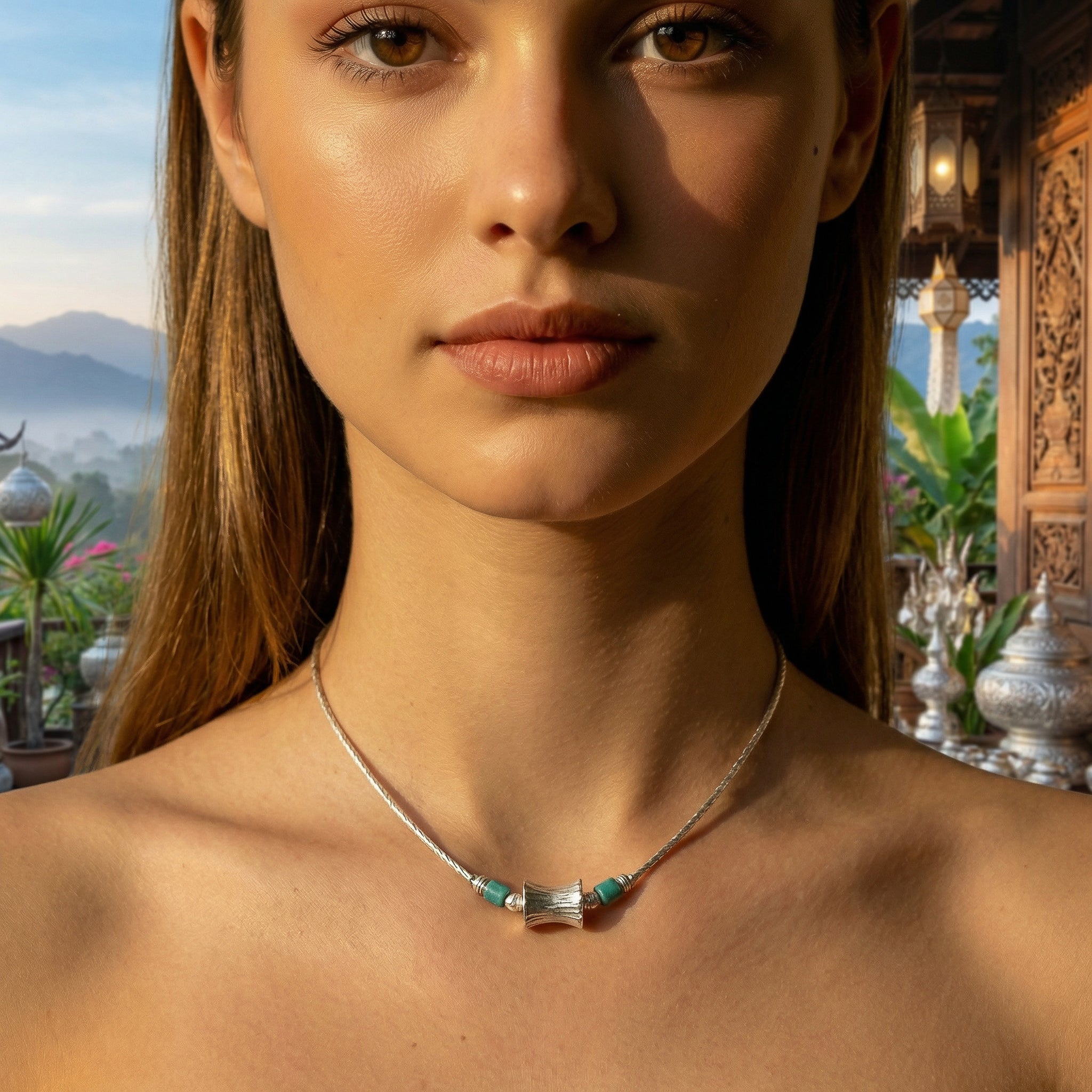 Collier en fil d'argent fin (98 %) de la tribu Karen Hill, orné de perles turquoise et d'un pendentif central en forme de sablier. Bijou fait main.