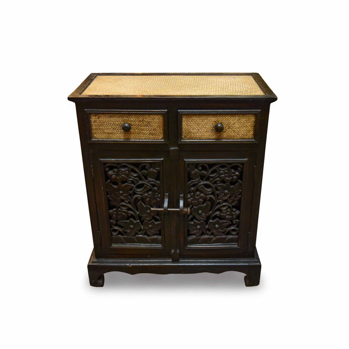 Handcrafted 2-Door Cabinet in Solid Thai Hardwood with Intricate Floral Carvings and Woven Bamboo from Chiang Mai Thailand - Lalanna Design
