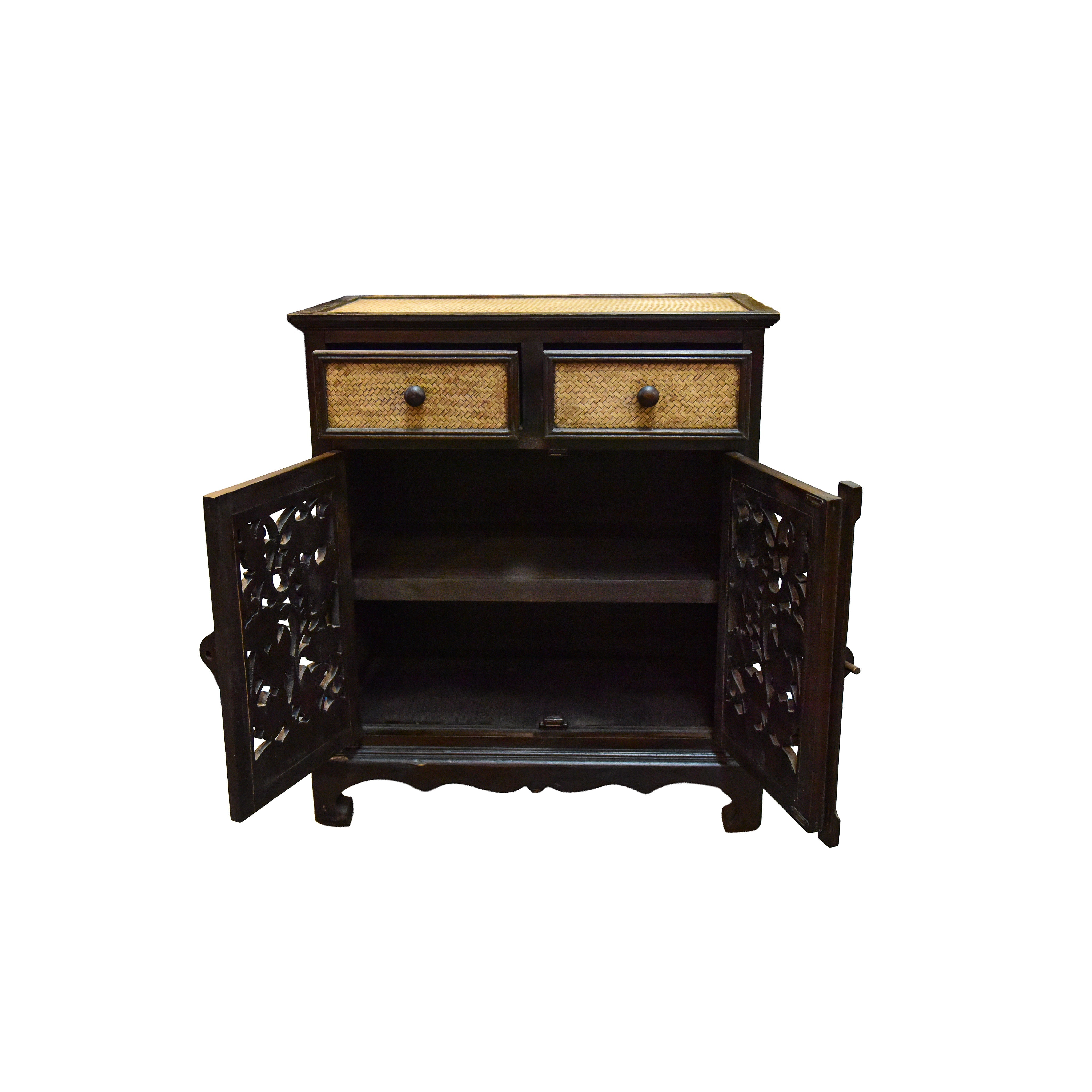 Handcrafted 2-Door Cabinet in Solid Thai Hardwood with Intricate Floral Carvings and Woven Bamboo from Chiang Rai Thailand - Lalanna Design