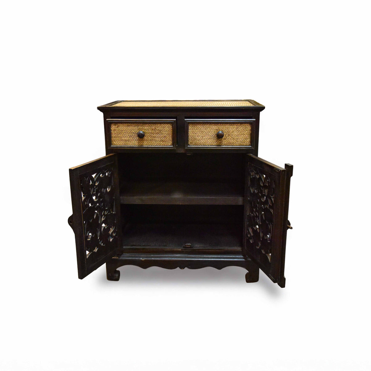 Handcrafted 2-Door Cabinet in Solid Thai Hardwood with Intricate Floral Carvings and Woven Bamboo from Chiang Mai Thailand - Lalanna Design