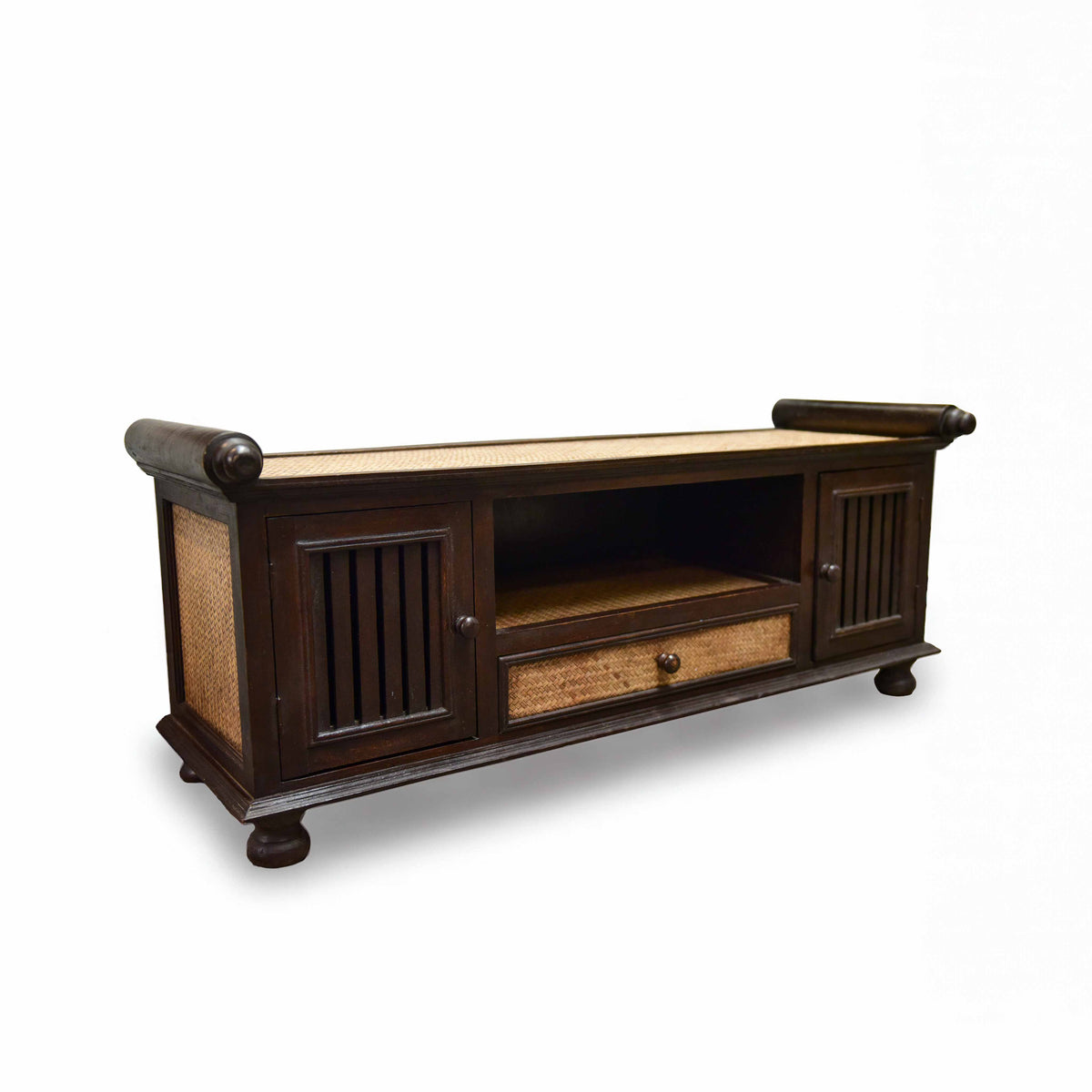 Handcrafted 2-Door Sideboard in Solid Thai Hardwood and Woven Bamboo with Drawer from Chiang Mai Thailand - Lalanna Design