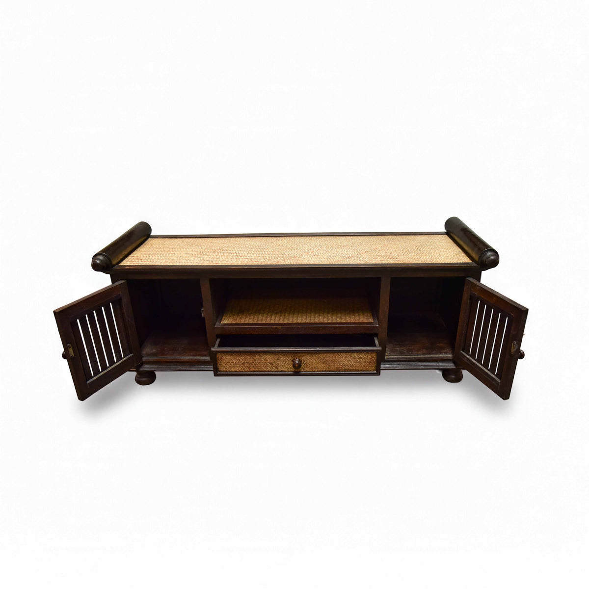 Handcrafted 2-Door Sideboard in Solid Thai Hardwood and Woven Bamboo with Drawer from Chiang Mai Thailand - Lalanna Design