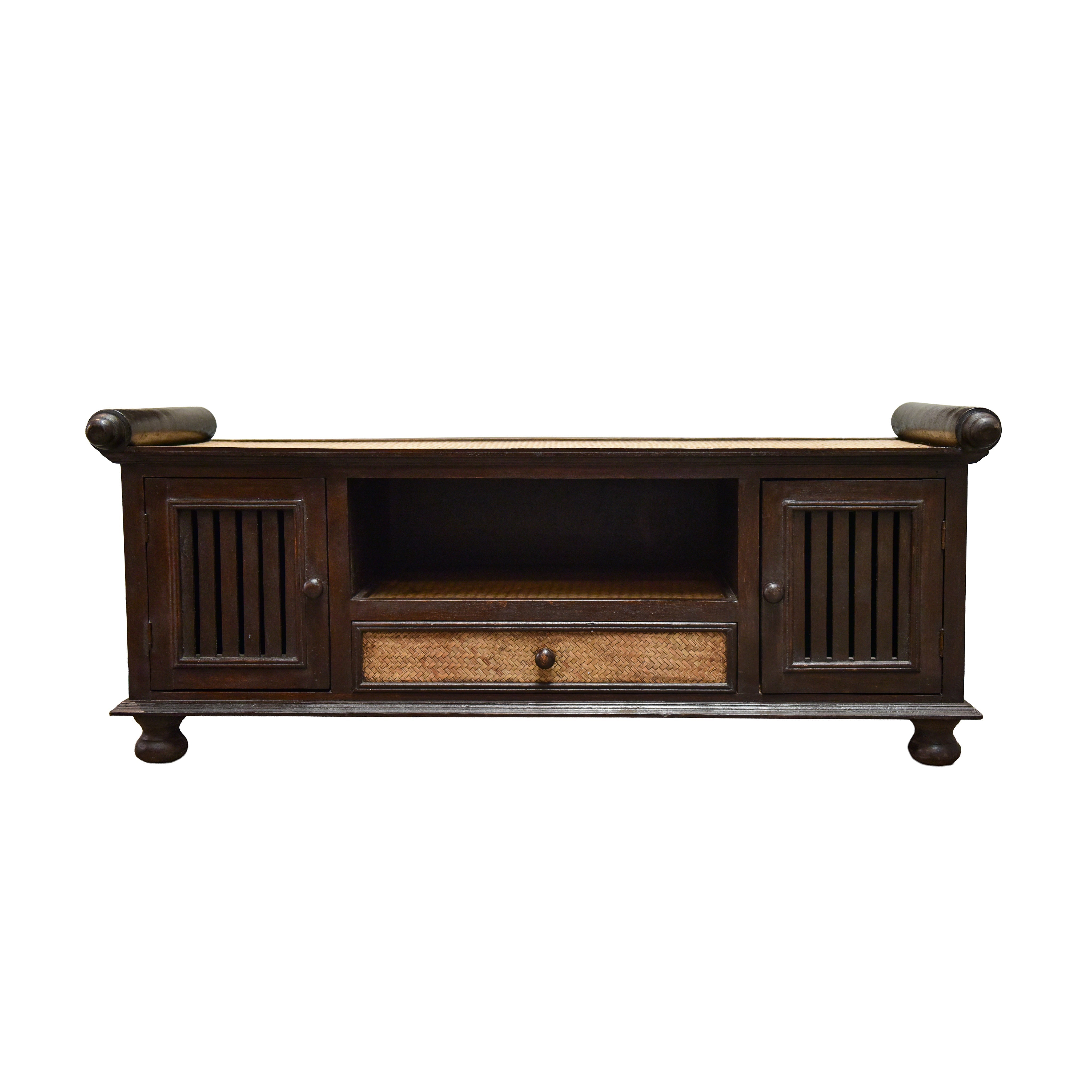 Handcrafted 2-Door Sideboard in Solid Thai Hardwood and Woven Bamboo with Drawer from Chiang Rai Thailand - Lalanna Design