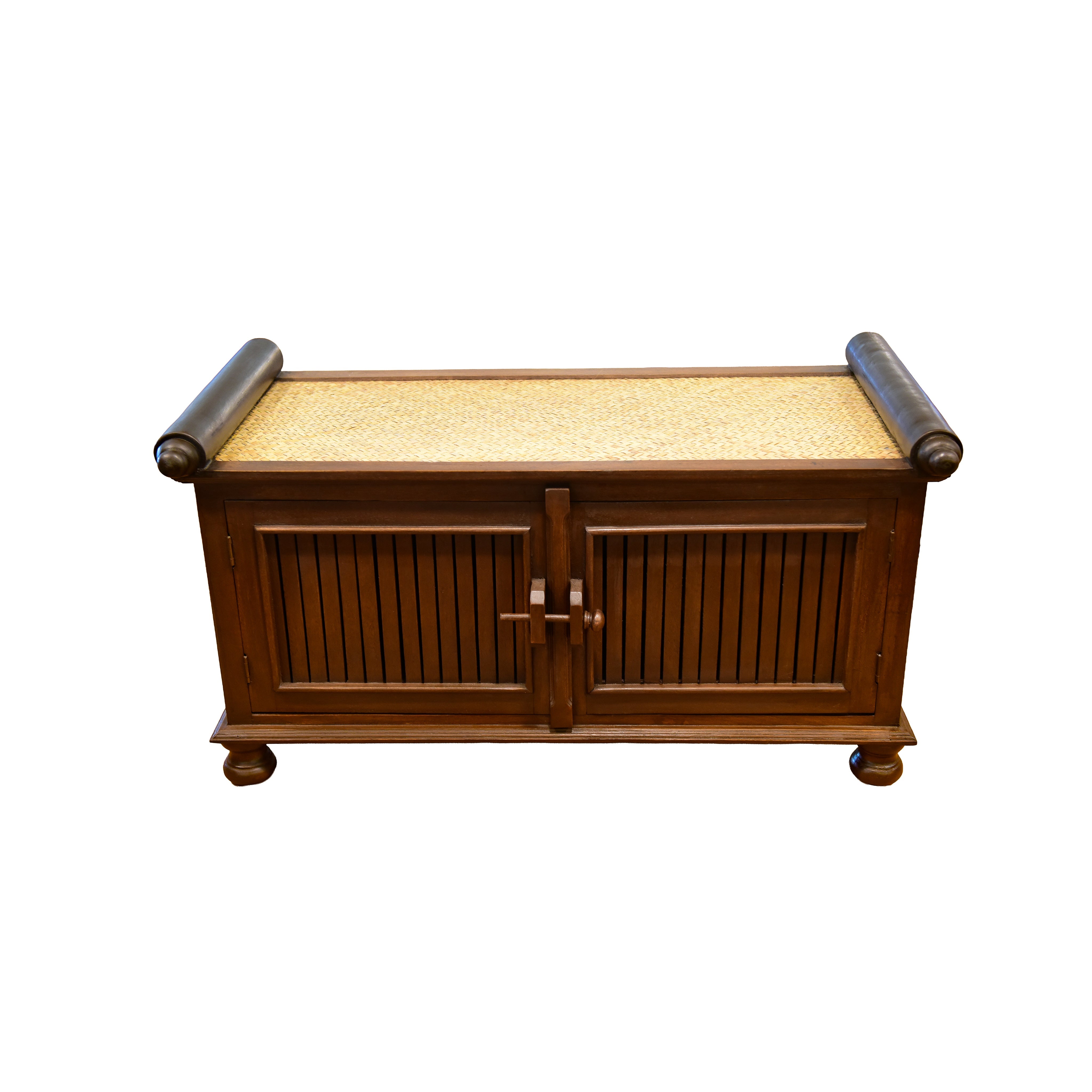 Handcrafted 2-Door Sideboard in Solid Thai Hardwood and Woven Sedge from Chiang Rai Thailand - Lalanna Design