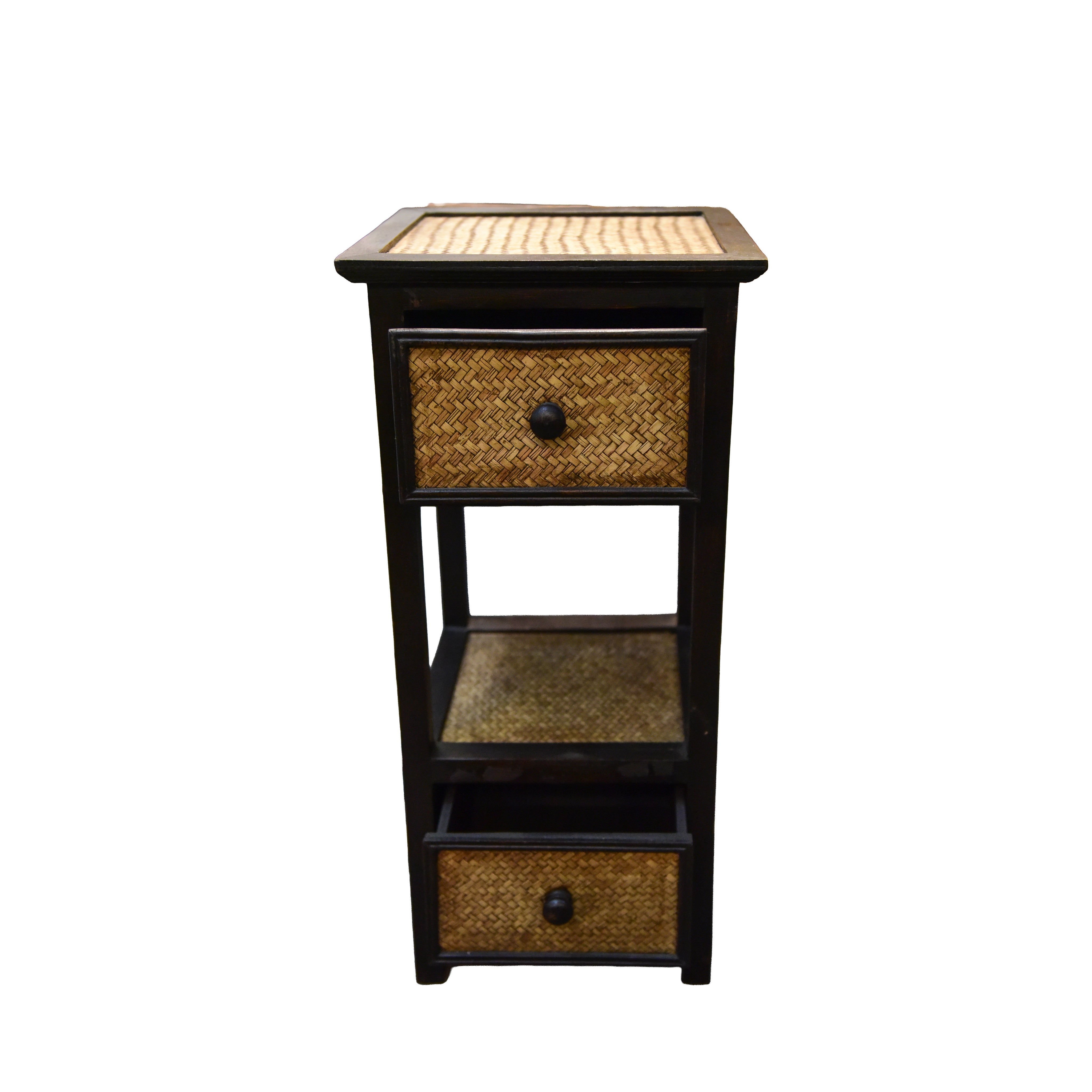 Handcrafted 2-Drawer Narrow Console Table in Solid Thai Hardwood with Woven Bamboo from Chiang Rai Thailand - Lalanna Design