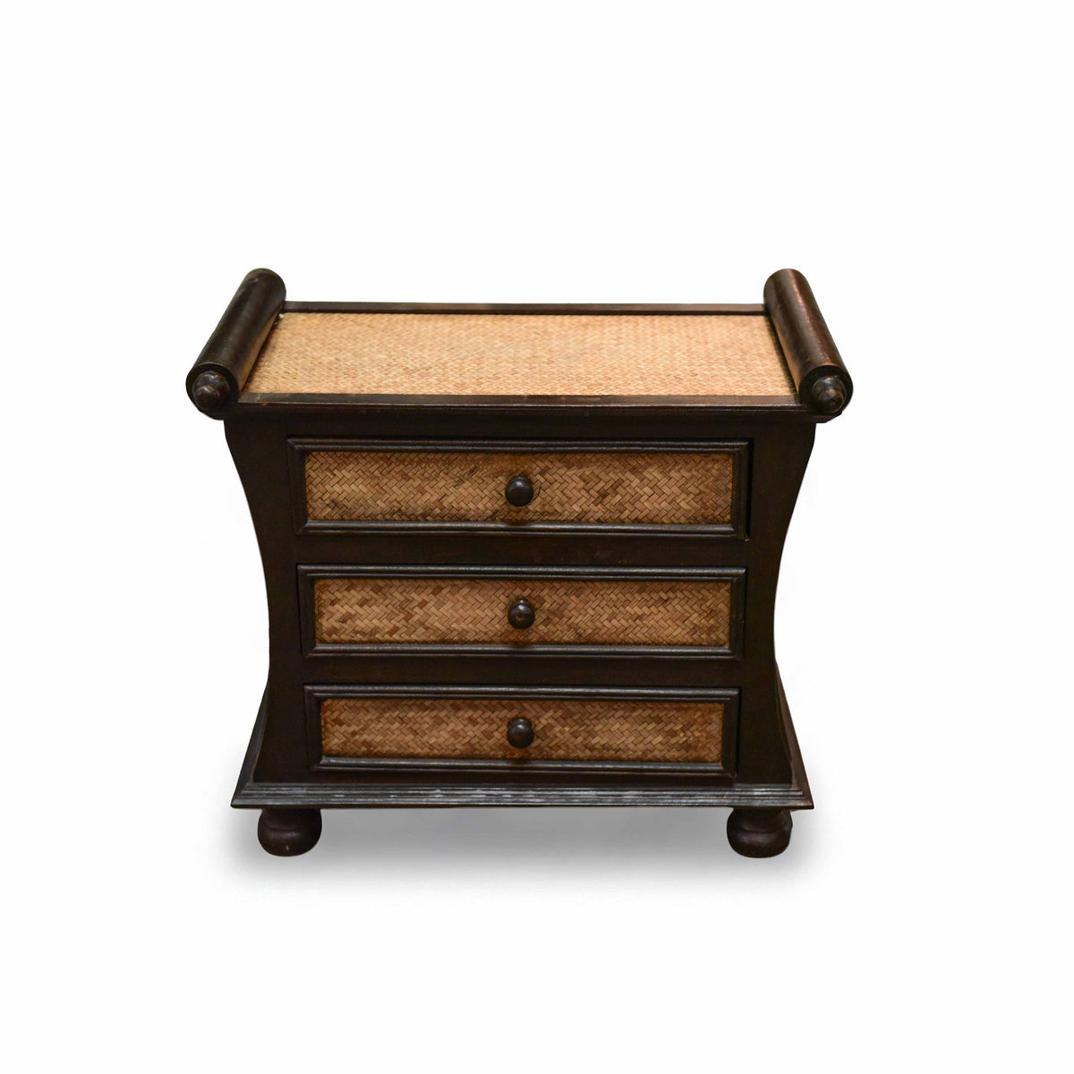 Handcrafted 3-Drawer Chest in Solid Thai Hardwood and Woven Bamboo with Scroll Accents from Chiang Mai Thailand - Lalanna Design
