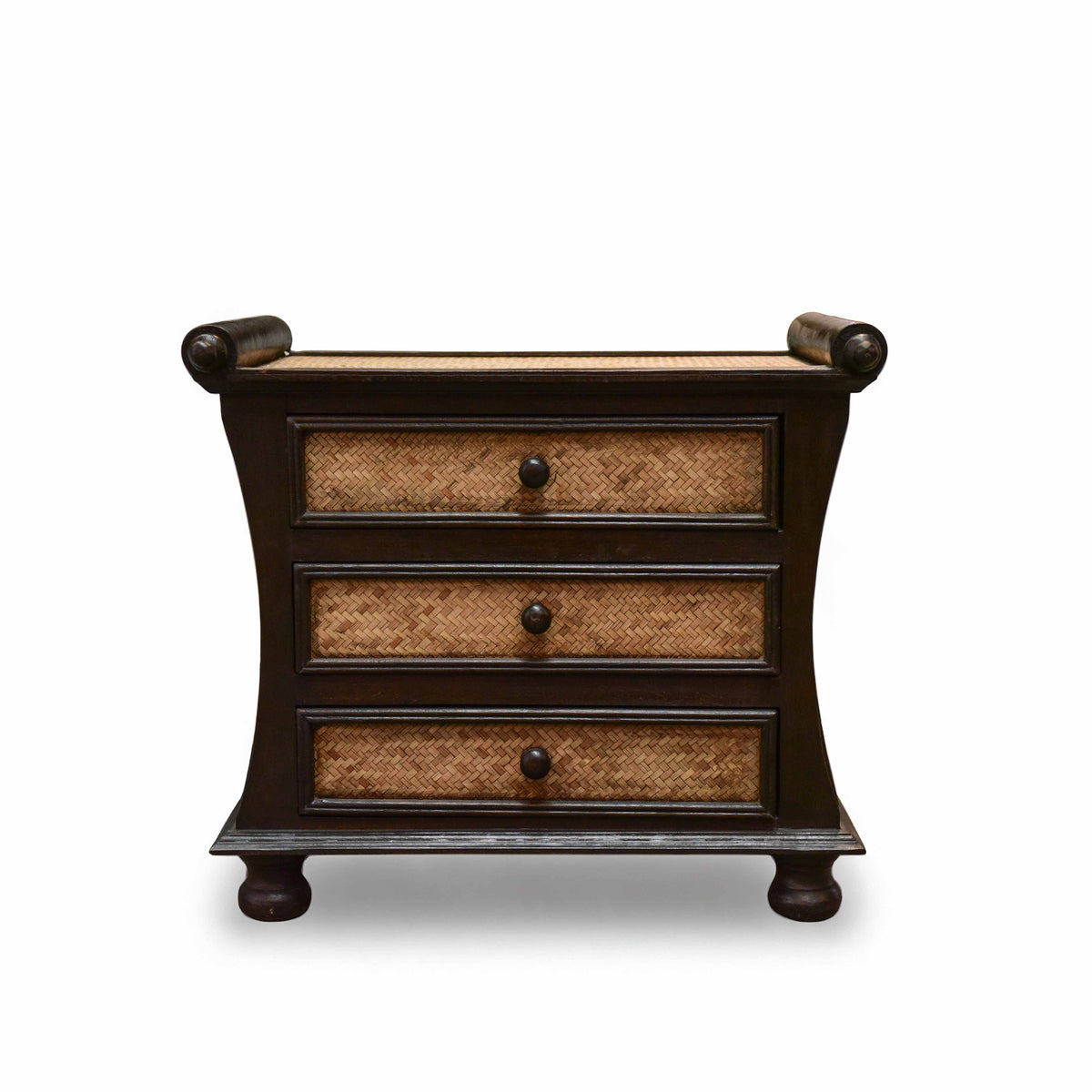 Handcrafted 3-Drawer Chest in Solid Thai Hardwood and Woven Bamboo with Scroll Accents from Chiang Mai Thailand - Lalanna Design