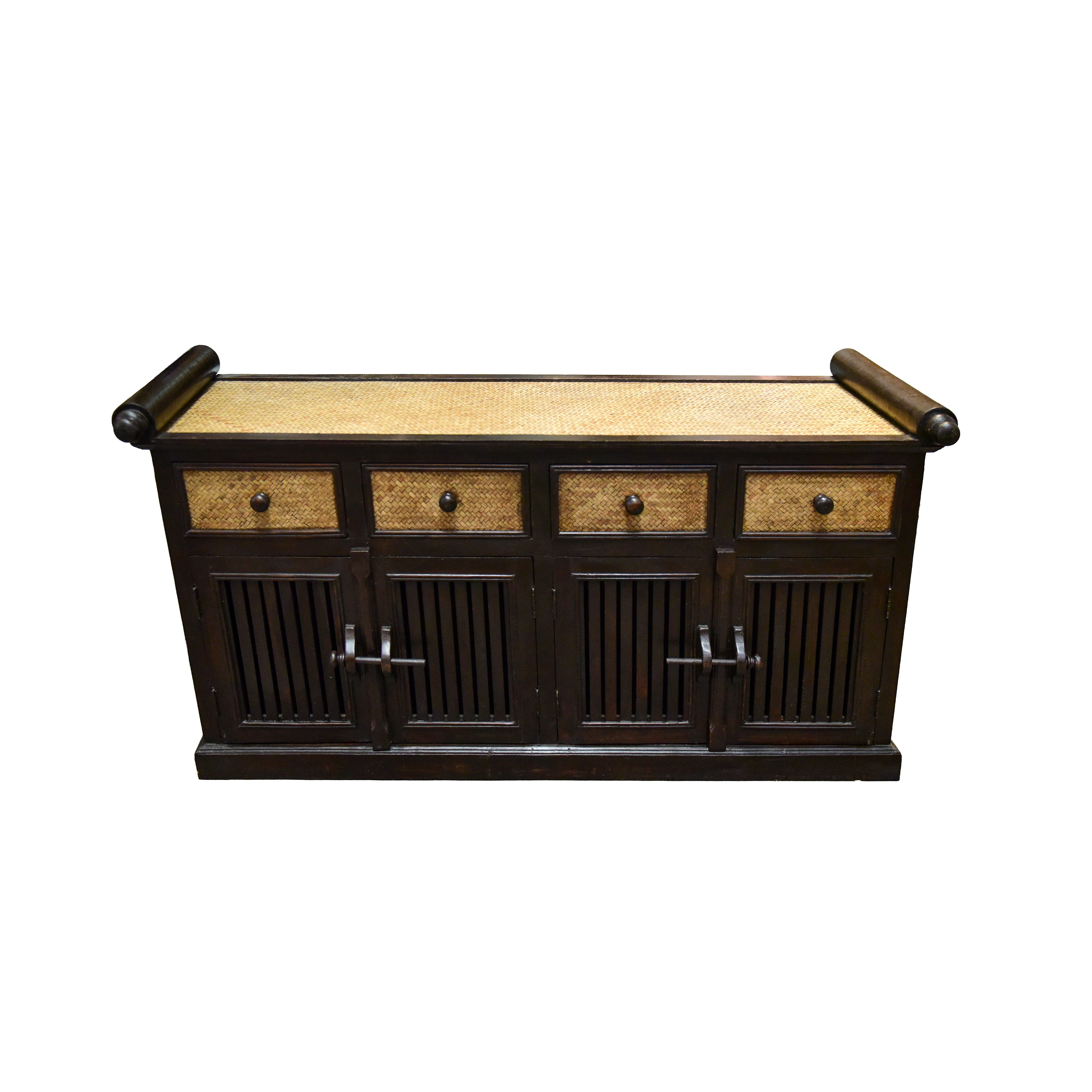 Handcrafted 4-Door Buffet Cabinet in Solid Thai Hardwood and Woven Bamboo from Chiang Rai Thailand - Lalanna Design