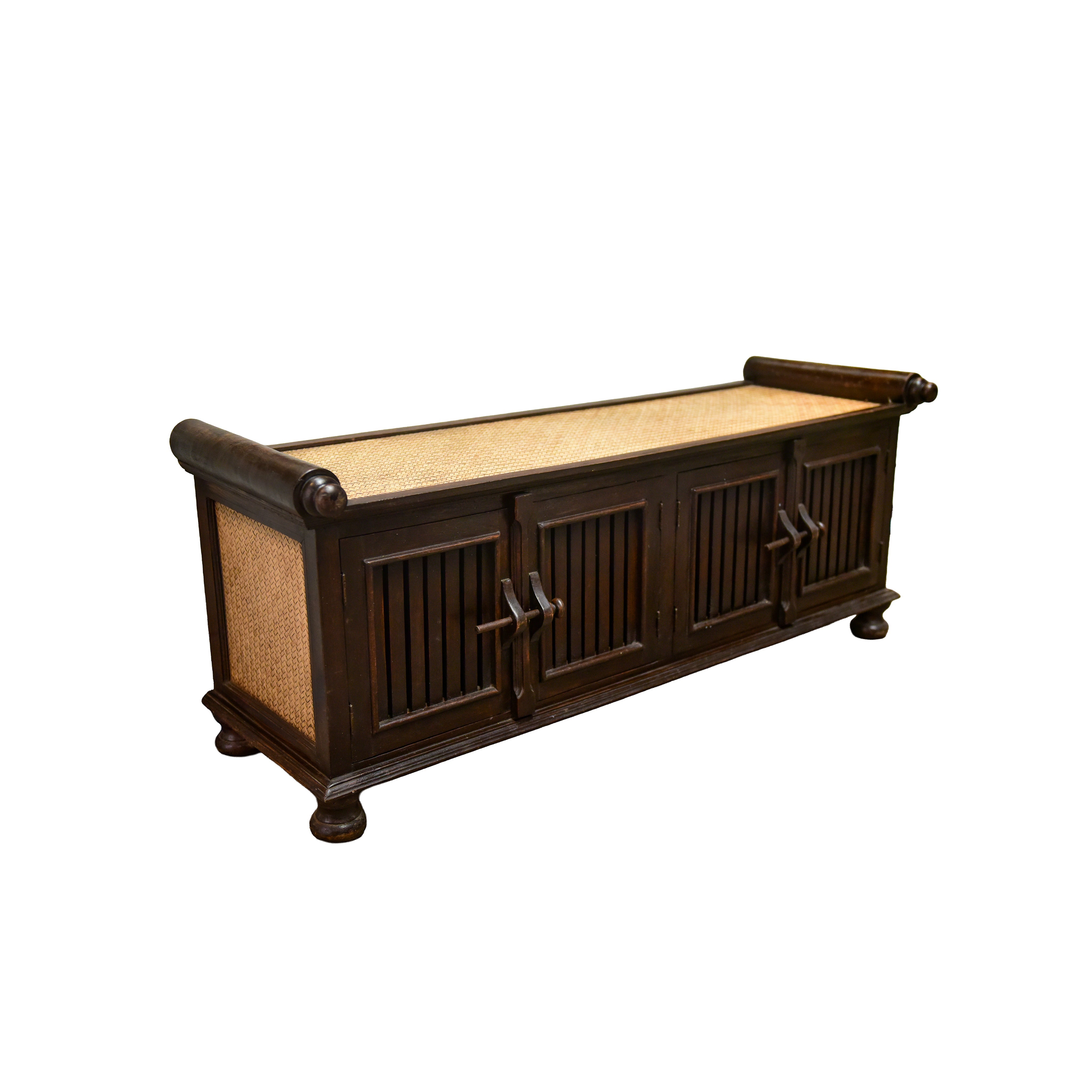 Handcrafted 4-Door Sideboard in Solid Thai Hardwood and Woven Bamboo from Chiang Rai Thailand - Lalanna Design