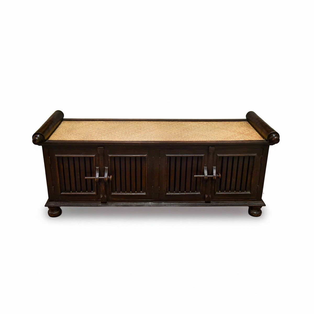 Handcrafted 4-Door Sideboard in Solid Thai Hardwood and Woven Bamboo from Chiang Mai Thailand - Lalanna Design