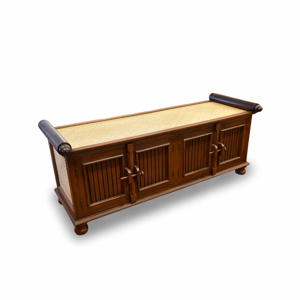 Handcrafted 4-Door Sideboard in Solid Thai Hardwood and Woven Sedge from Chiang Mai Thailand - Lalanna Design