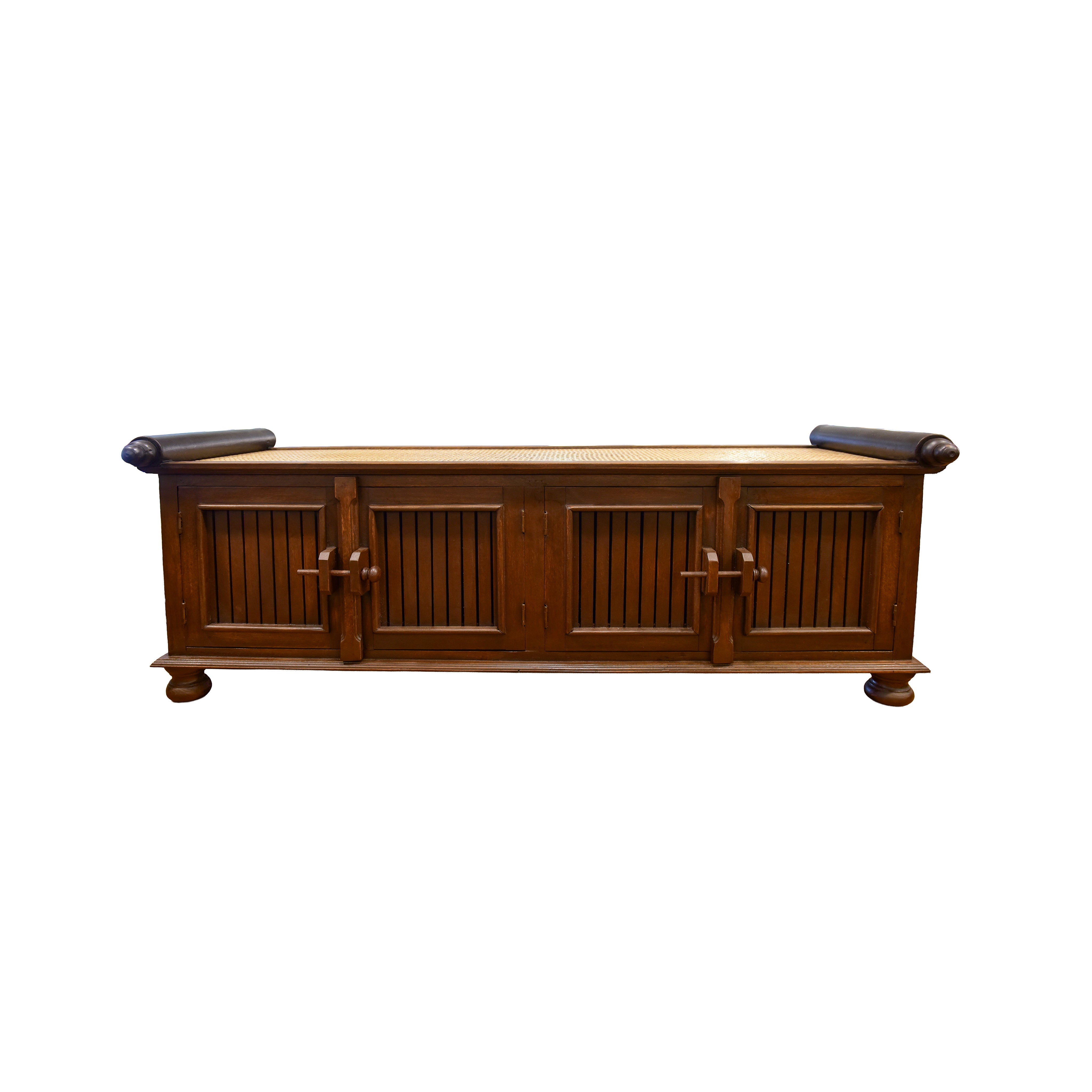 Handcrafted 4-Door Sideboard in Solid Thai Hardwood and Woven Sedge from Chiang Rai Thailand - Lalanna Design