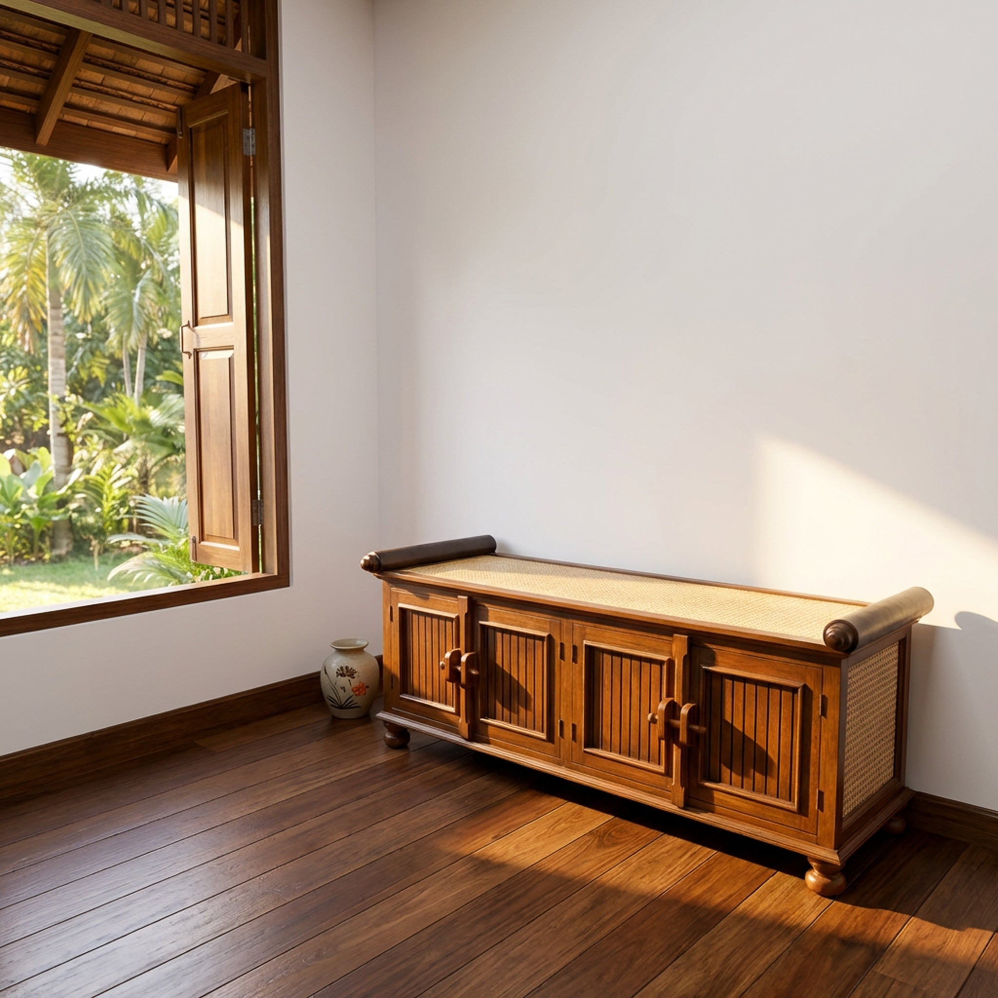 Handcrafted 4-Door Sideboard in Solid Thai Hardwood and Woven Sedge from Chiang Rai Thailand - Lalanna Design
