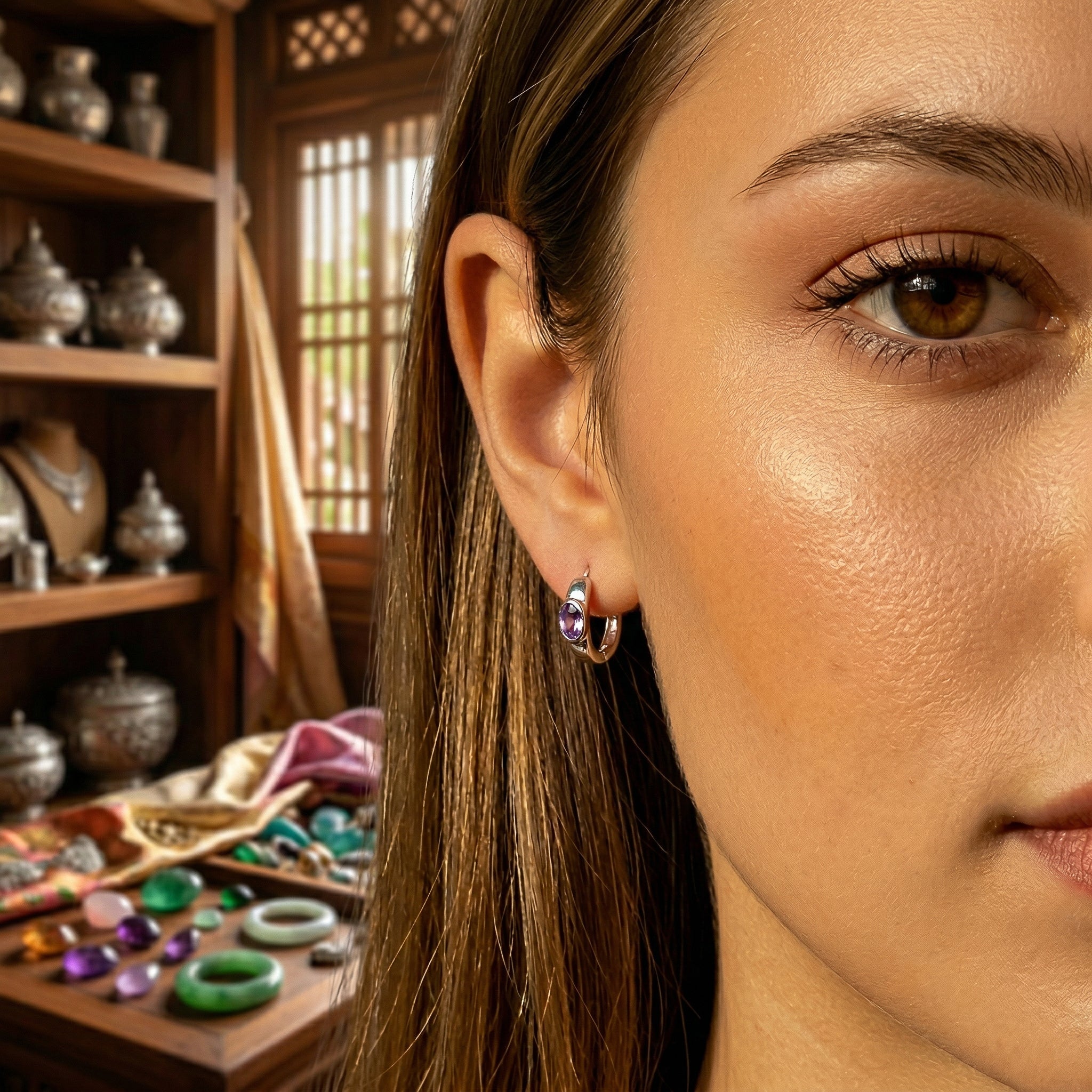 Handcrafted 925 Silver Amethyst Hoop Earrings from Chiang Rai Thailand - Lalanna Design