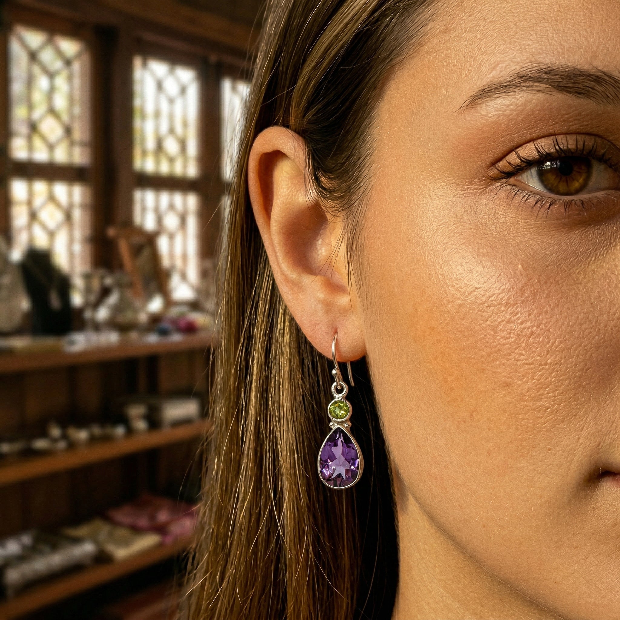 Handcrafted 925 Silver Amethyst Peridot Earrings from Chiang Rai Thailand - Lalanna Design