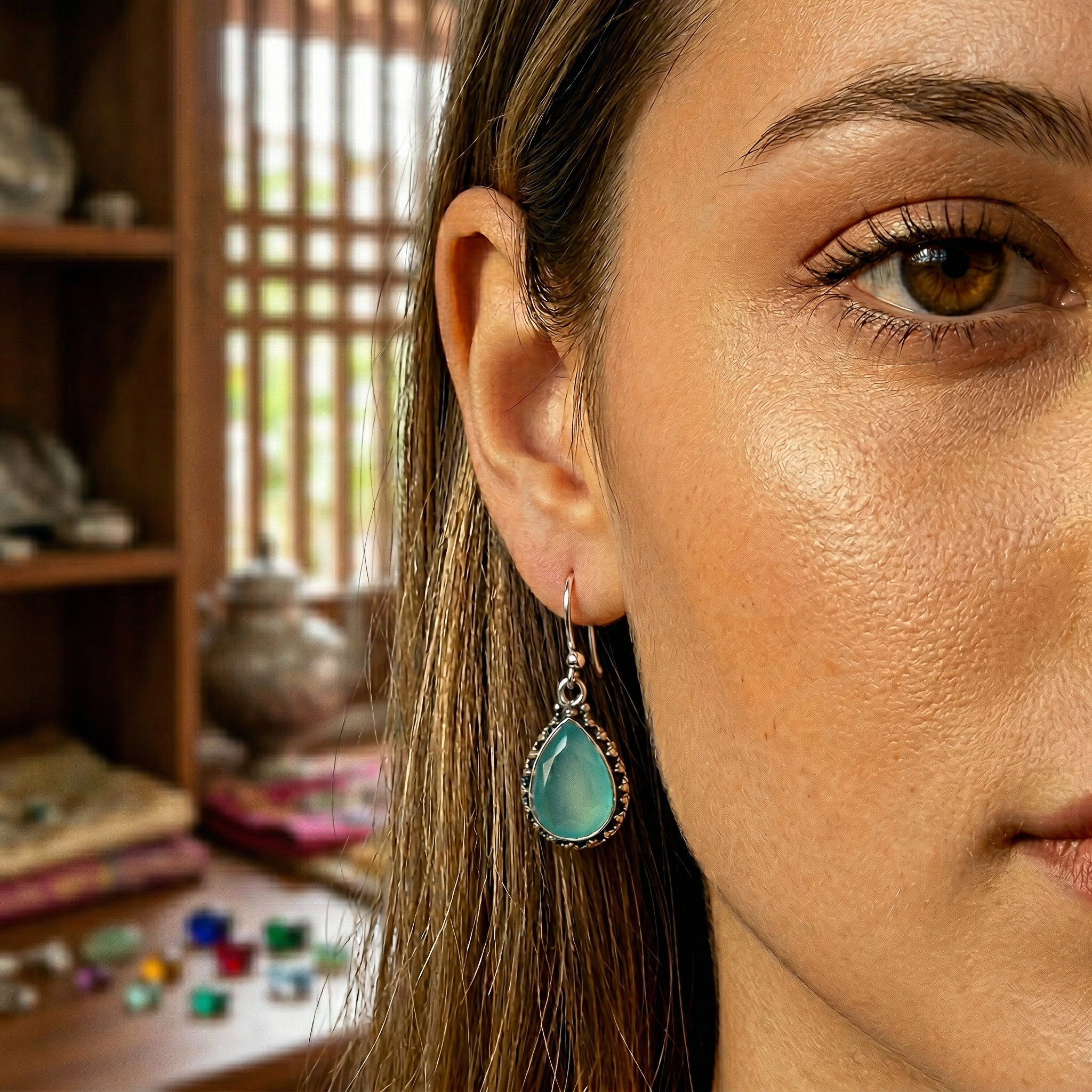 Handcrafted 925 Silver Aqua Chalcedony Earrings from Chiang Rai Thailand - Lalanna Design