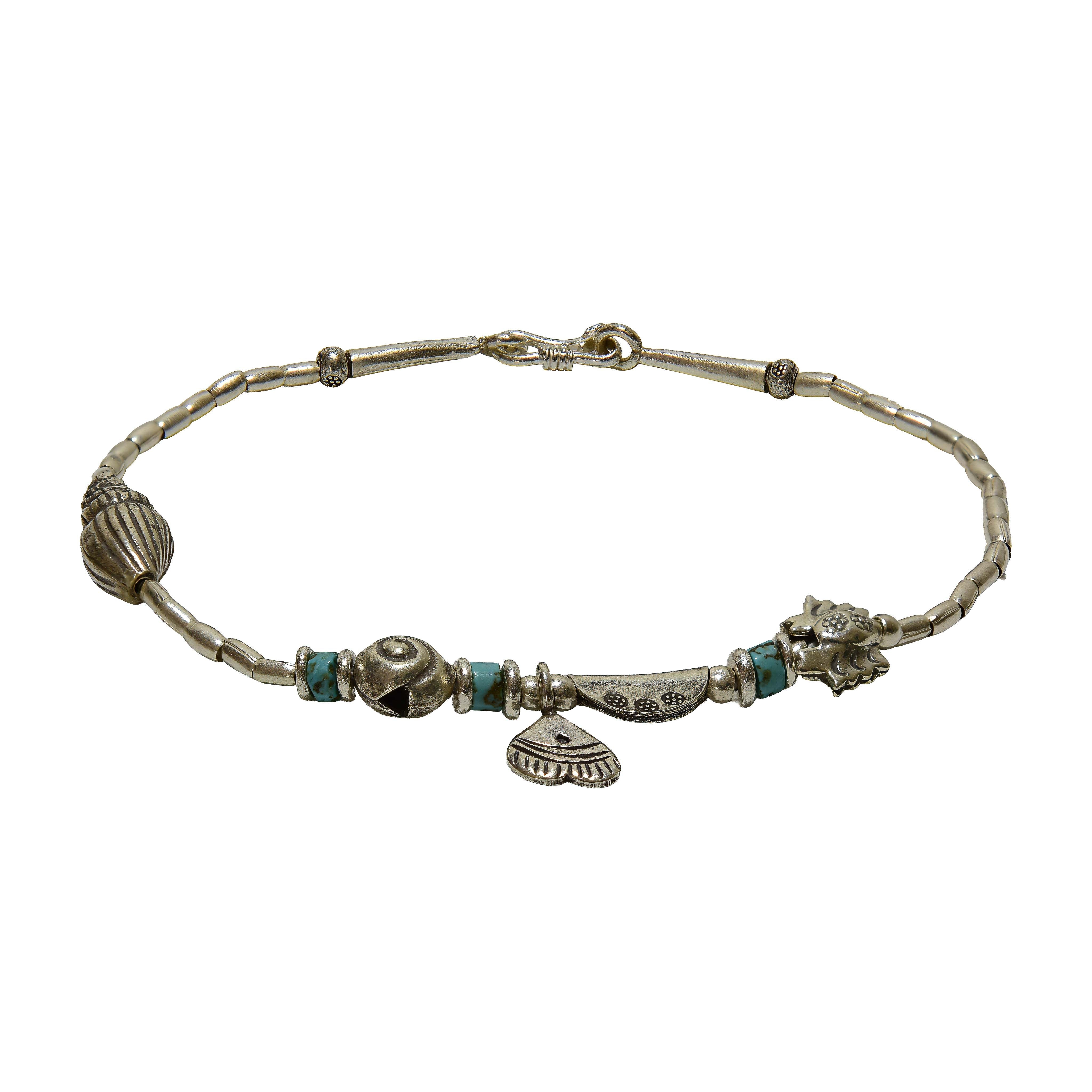 Handcrafted 98% Fine Karen Hill Tribe Lion Heart Silver Turquoise Anklet - Handmade Jewelry from Chiang Mai Thailand - Lalanna Design