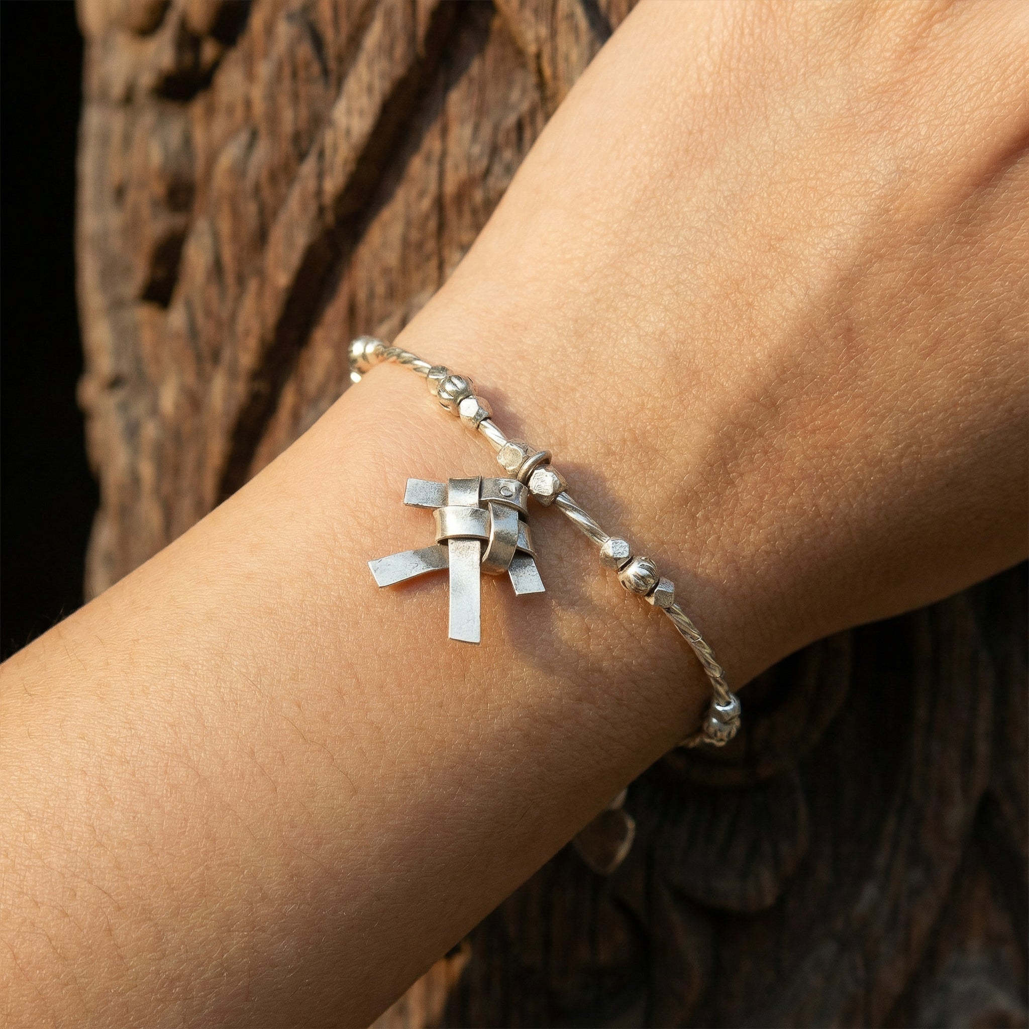 Handcrafted 98% Fine Karen Hill Tribe Silver Adjustable Twisted Bracelet - Handcrafted Knot Focal, Handmade Jewelry from Chiang Rai Thailand - Lalanna Design