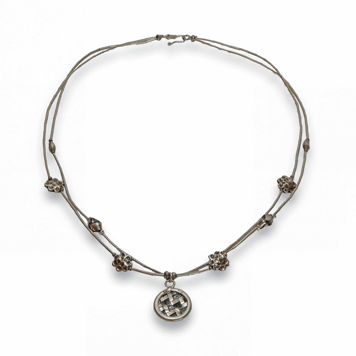 Handcrafted 98% Fine Karen Hill Tribe Silver Bamboo Multi-Strand Necklace with Woven Basket Pendant and Flower Clusters, Handmade Jewelry from Chiang Mai Thailand - Lalanna Design