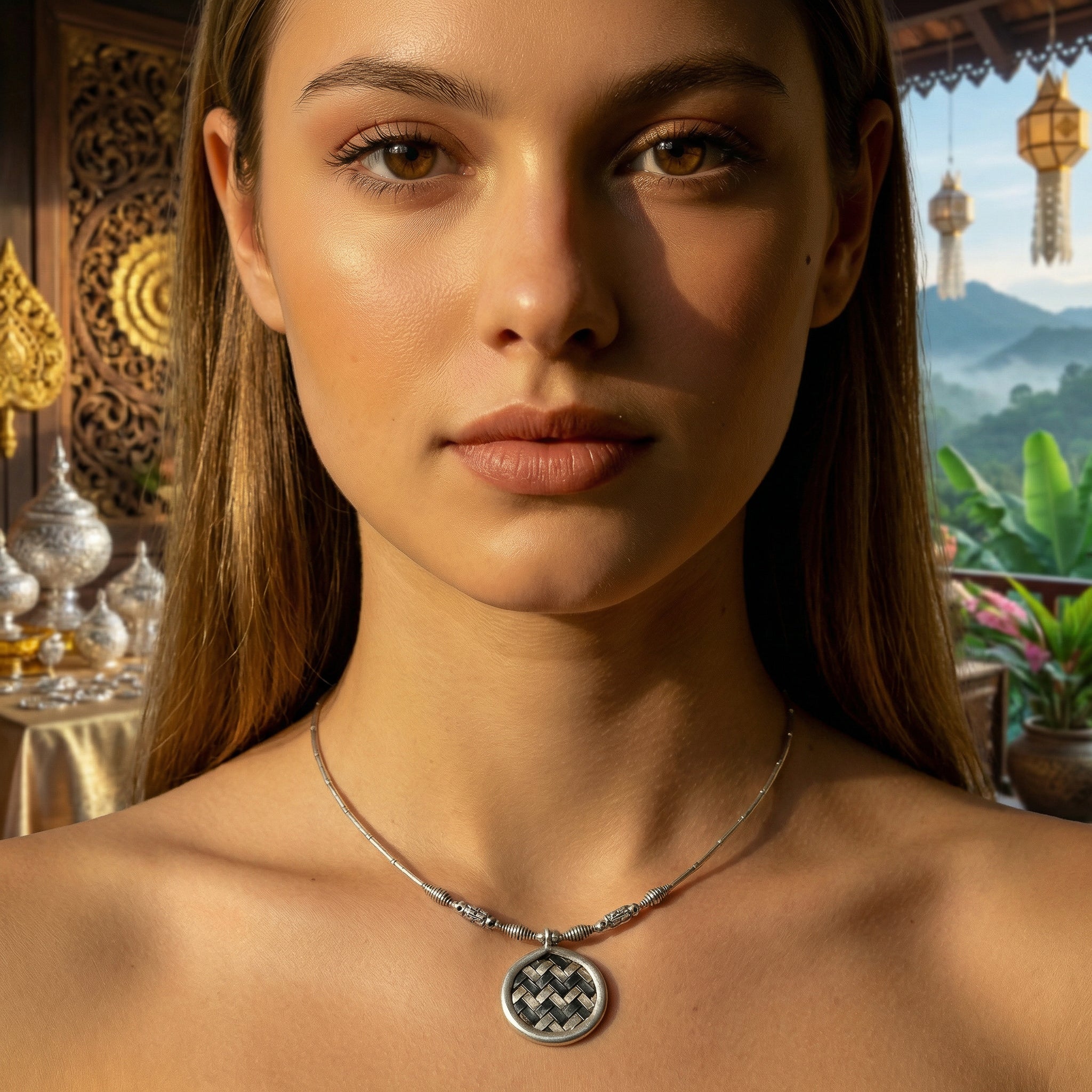Handcrafted 98% Fine Karen Hill Tribe Silver Bamboo Necklace with Woven Basket Weave Round Pendant, Handmade Jewelry from Chiang Rai Thailand - Lalanna Design
