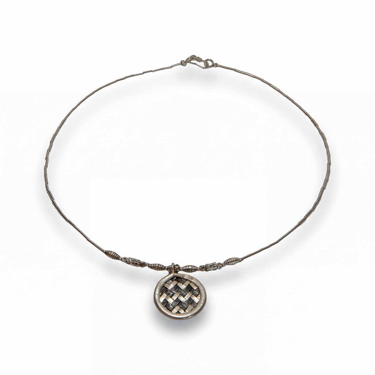 Handcrafted 98% Fine Karen Hill Tribe Silver Bamboo Necklace with Woven Basket Weave Round Pendant, Handmade Jewelry from Chiang Mai Thailand - Lalanna Design