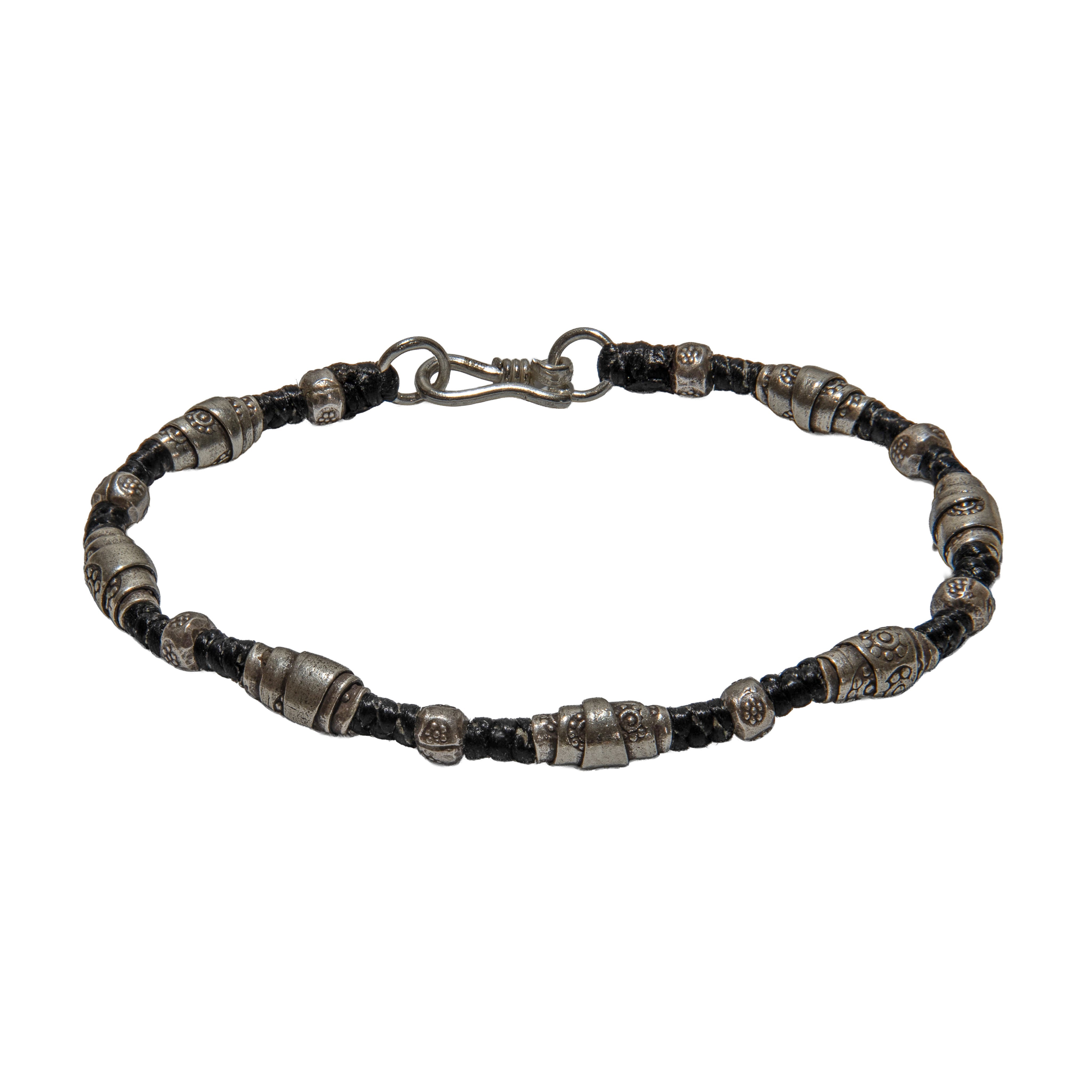 Handcrafted 98% Fine Karen Hill Tribe Silver Beaded Black Cord Bracelet - Handmade Jewelry from Chiang Rai Thailand - Lalanna Design