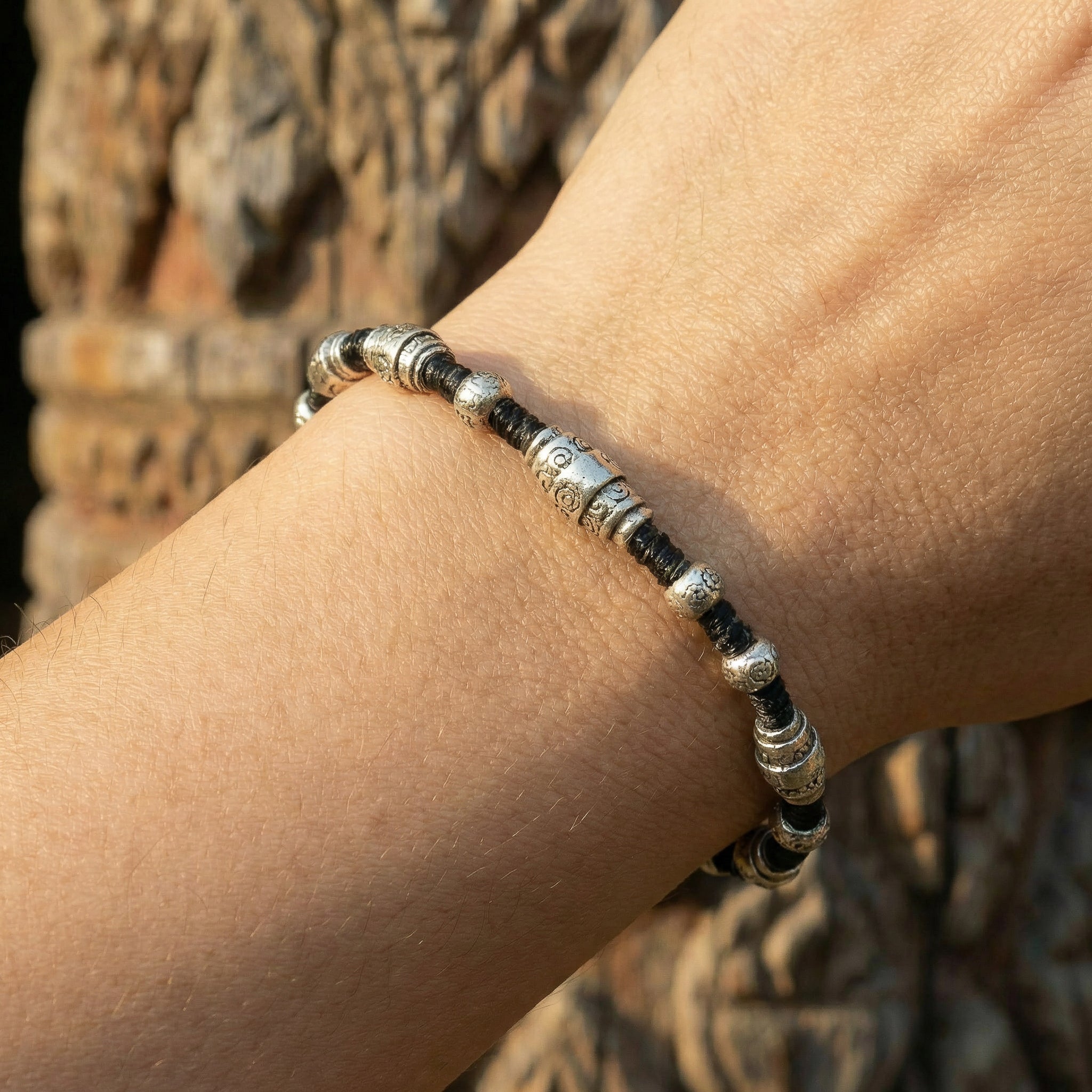 Handcrafted 98% Fine Karen Hill Tribe Silver Beaded Black Cord Bracelet - Handmade Jewelry from Chiang Mai Thailand - Lalanna Design