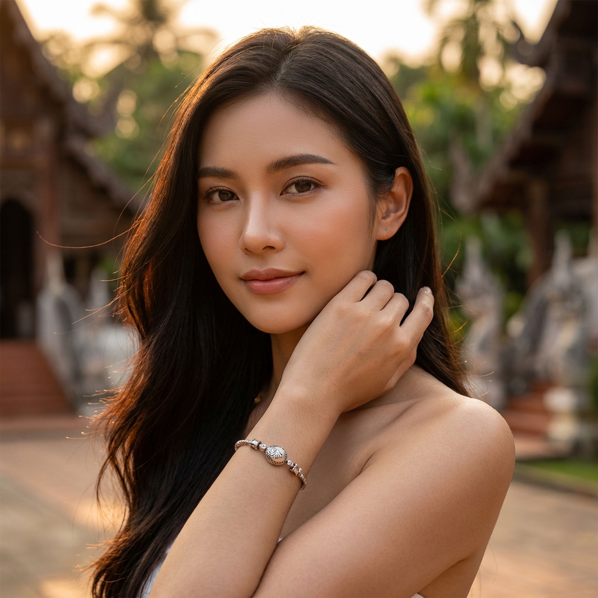 Handcrafted 98% Fine Karen Hill Tribe Silver Beaded Bracelet - Engraved Oval Medallion, Handmade Jewelry from Chiang Rai Thailand - Lalanna Design