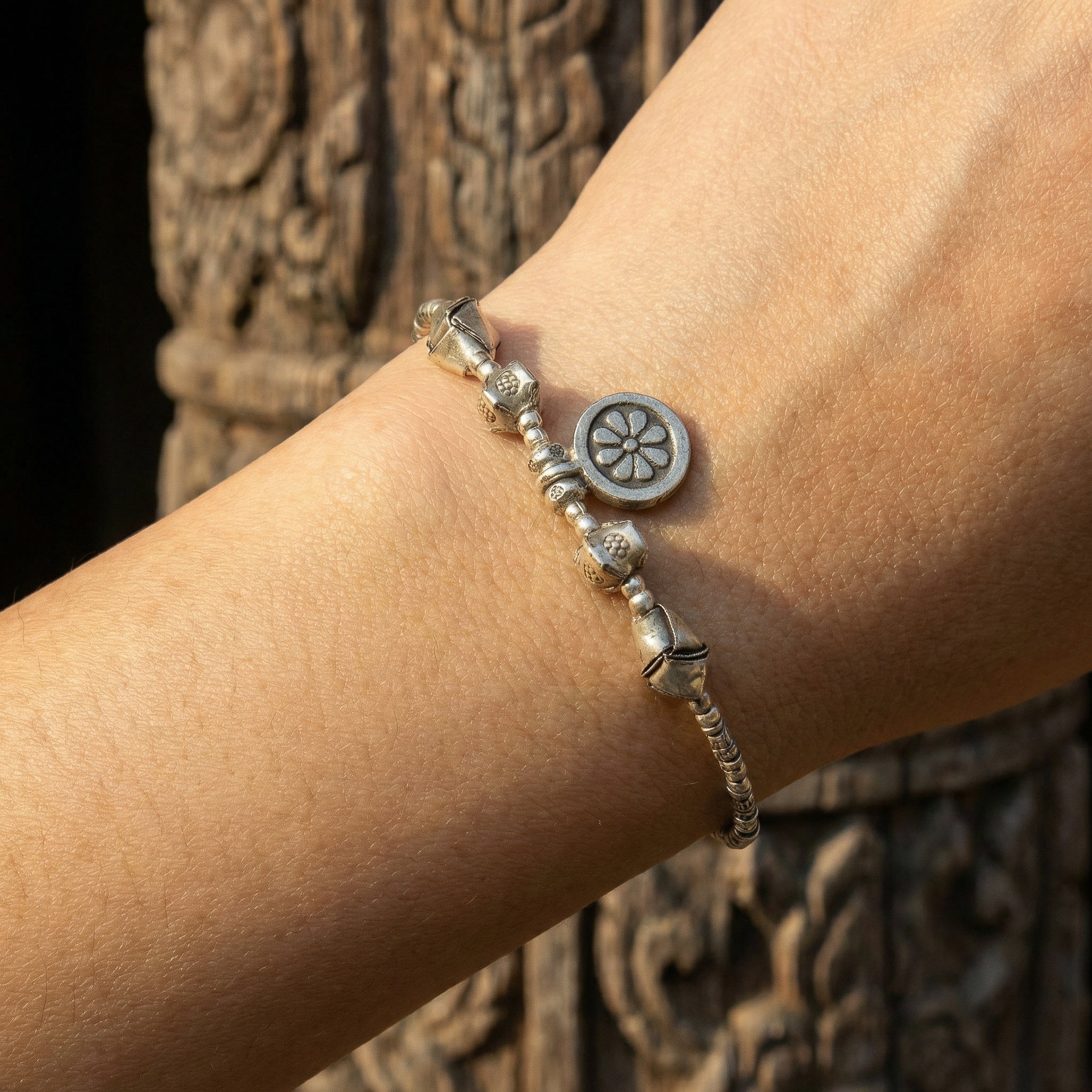 Handcrafted 98% Fine Karen Hill Tribe Silver Beaded Bracelet - Floral Medallion Charm, Handmade Jewelry from Chiang Rai Thailand - Lalanna Design