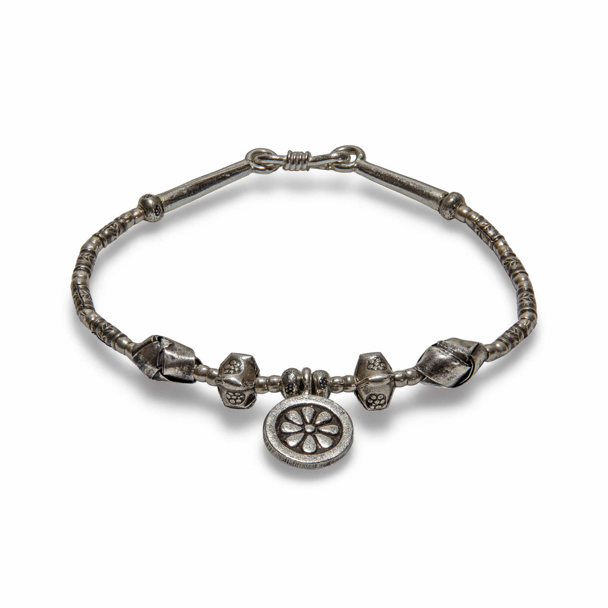 Handcrafted 98% Fine Karen Hill Tribe Silver Beaded Bracelet - Floral Medallion Charm, Handmade Jewelry from Chiang Mai Thailand - Lalanna Design