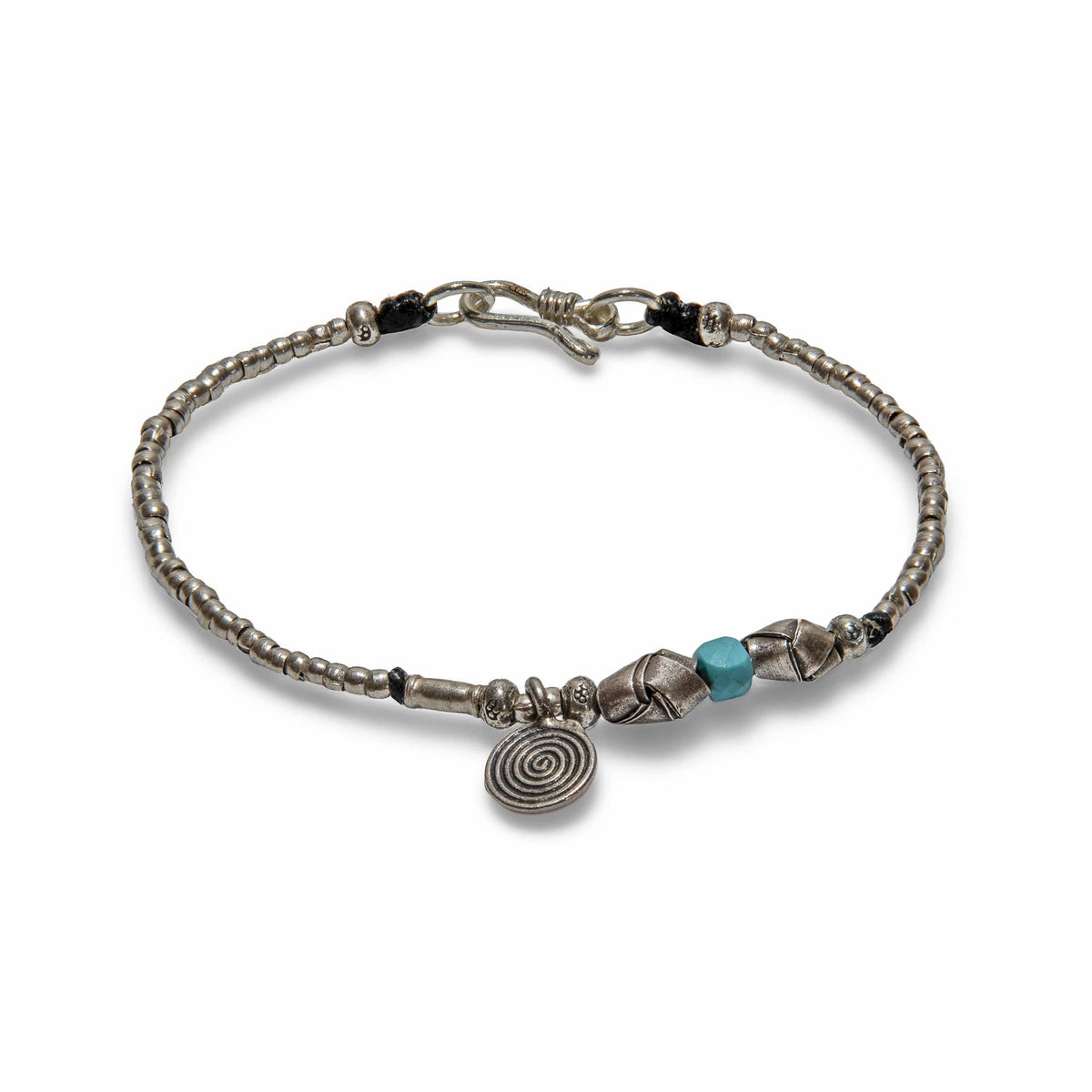 Handcrafted 98% Fine Karen Hill Tribe Silver Beaded Bracelet - Turquoise Accent & Spiral Charm, Handmade Jewelry from Chiang Mai Thailand - Lalanna Design