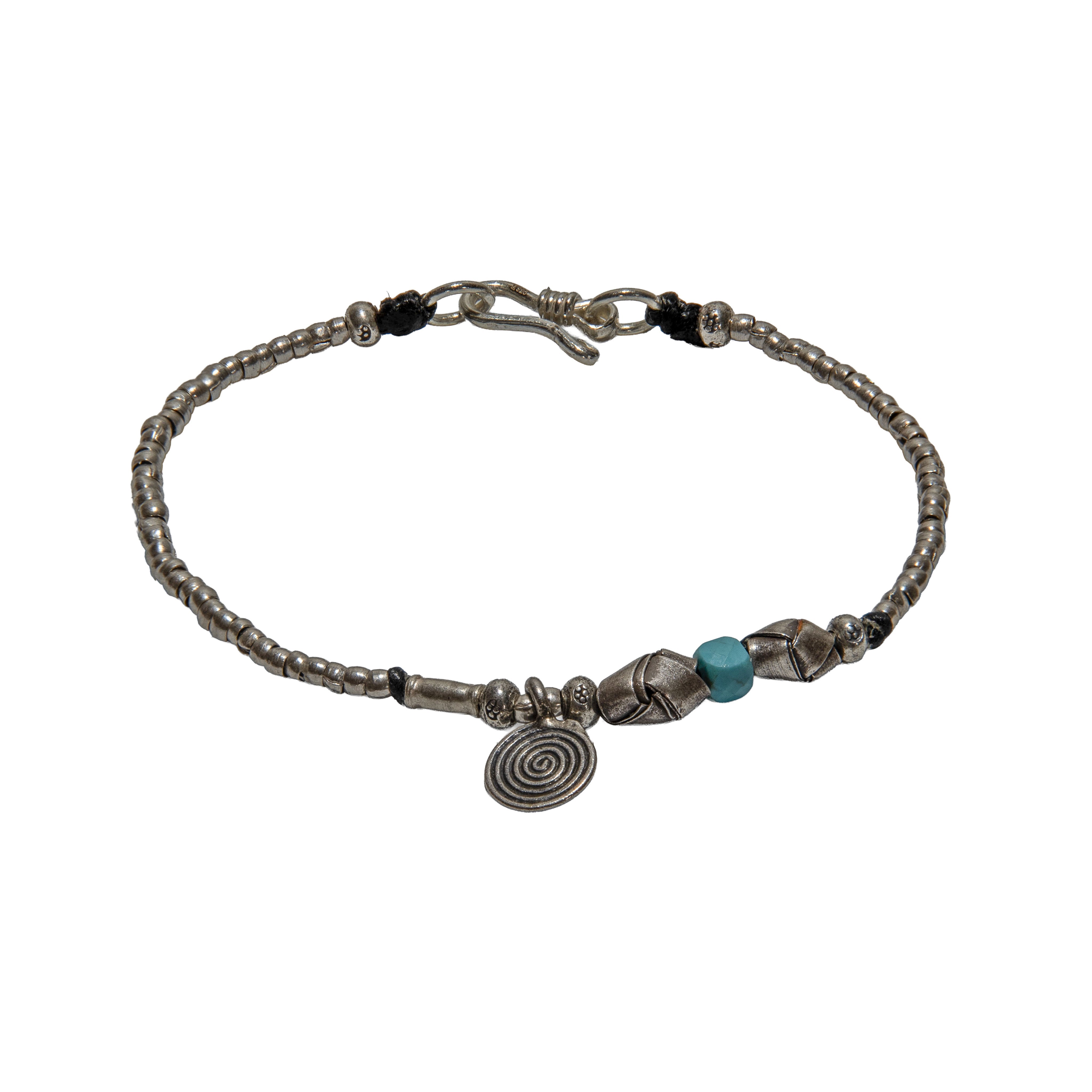 Handcrafted 98% Fine Karen Hill Tribe Silver Beaded Bracelet - Turquoise Accent & Spiral Charm, Handmade Jewelry from Chiang Rai Thailand - Lalanna Design