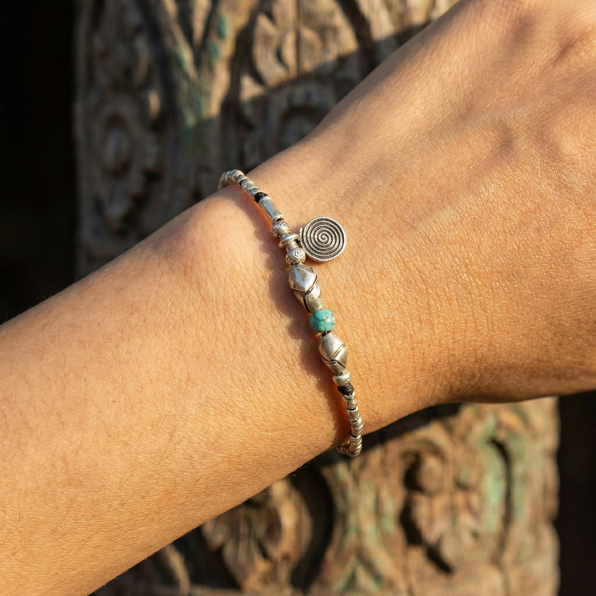 Handcrafted 98% Fine Karen Hill Tribe Silver Beaded Bracelet - Turquoise Accent & Spiral Charm, Handmade Jewelry from Chiang Rai Thailand - Lalanna Design