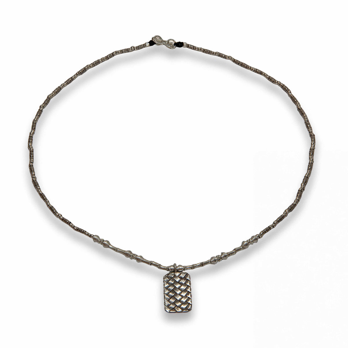 Handcrafted 98% Fine Karen Hill Tribe Silver Beaded Necklace with Rectangular Woven Basket Pendant, Handmade Jewelry from Chiang Mai Thailand - Lalanna Design