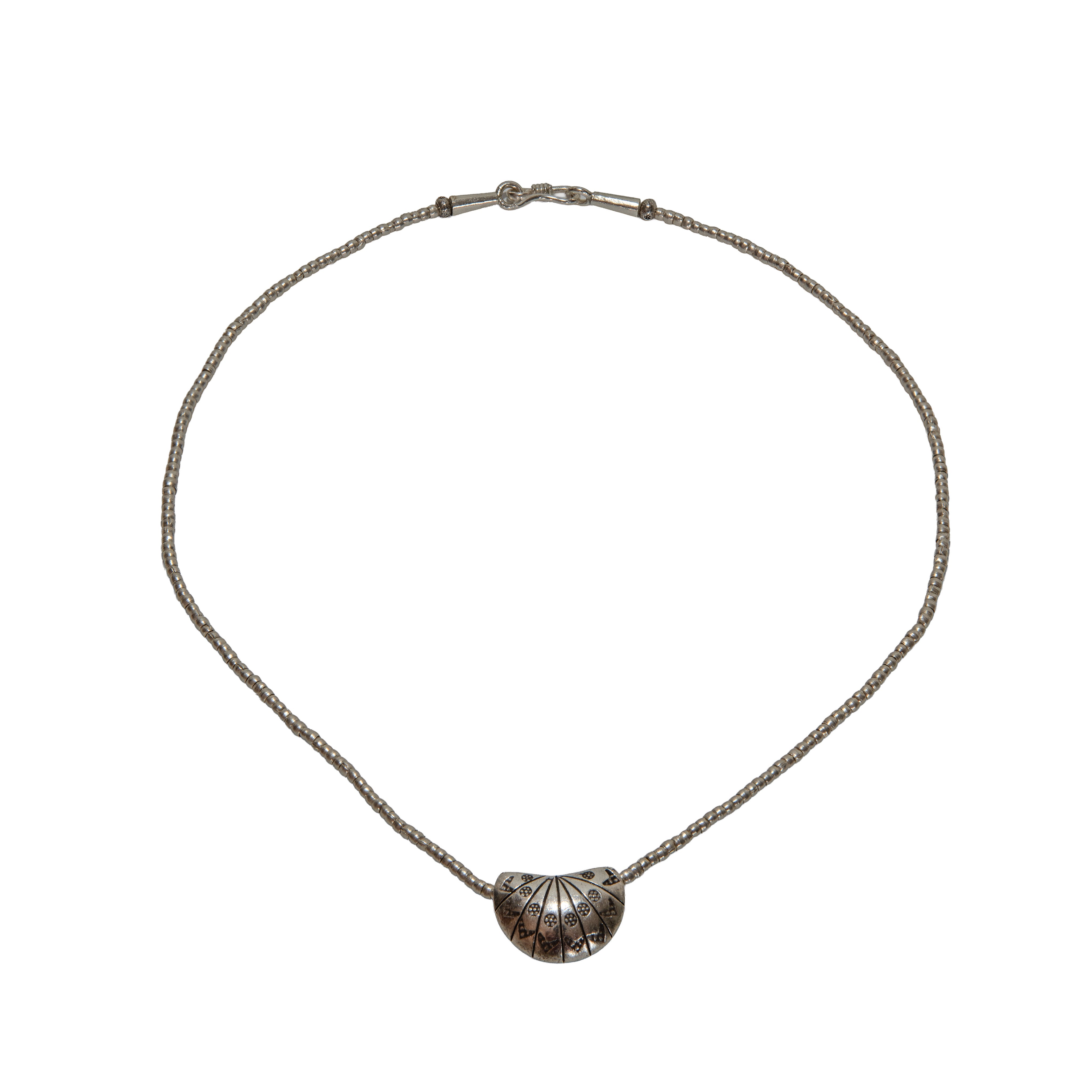 Handcrafted 98% Fine Karen Hill Tribe Silver Beaded Necklace with Scallop Shell Half-Moon Pendant, Handmade Jewelry from Chiang Rai Thailand - Lalanna Design