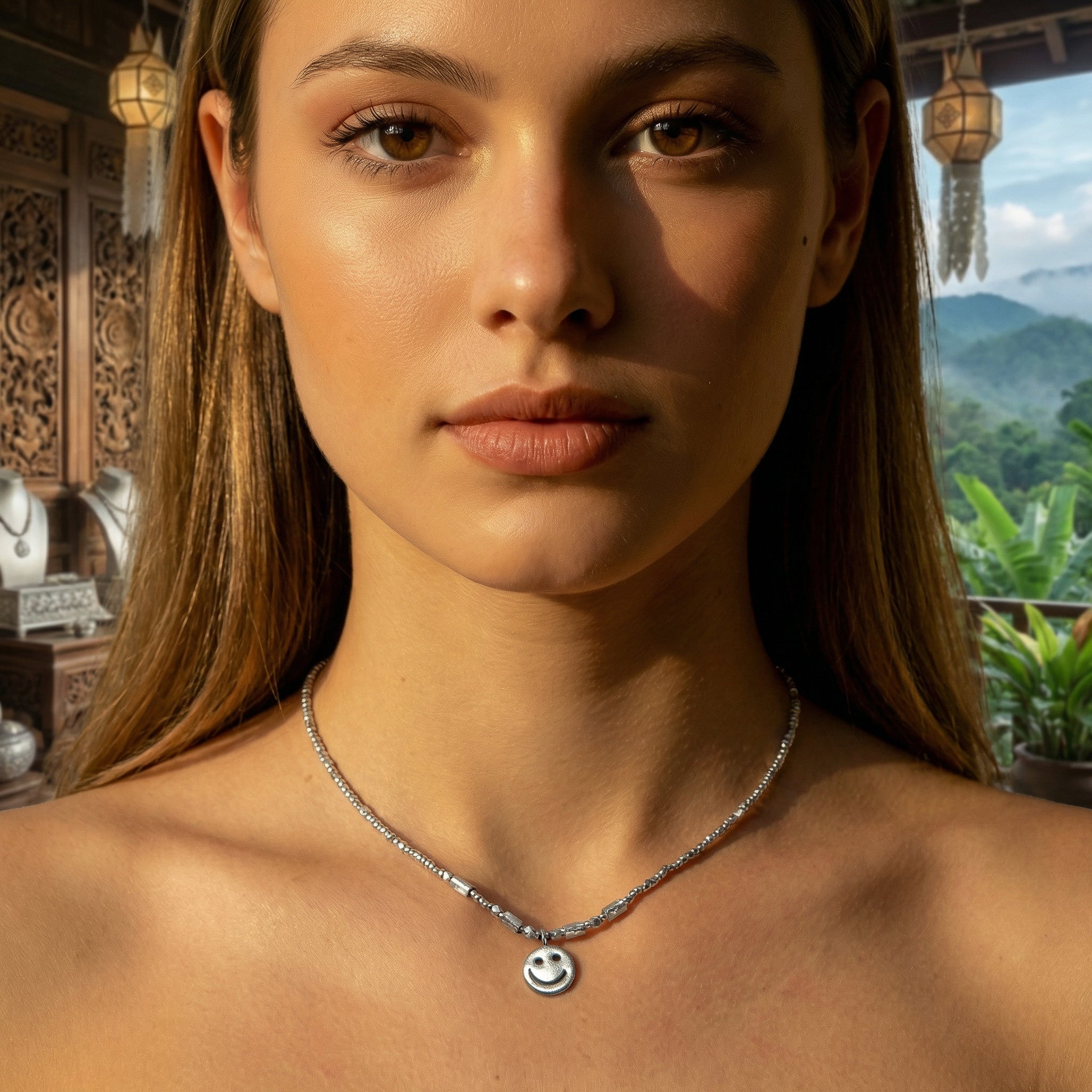 Handcrafted 98% Fine Karen Hill Tribe Silver Beaded Necklace with Smiley Face Pendant, Handmade Jewelry from Chiang Rai Thailand - Lalanna Design