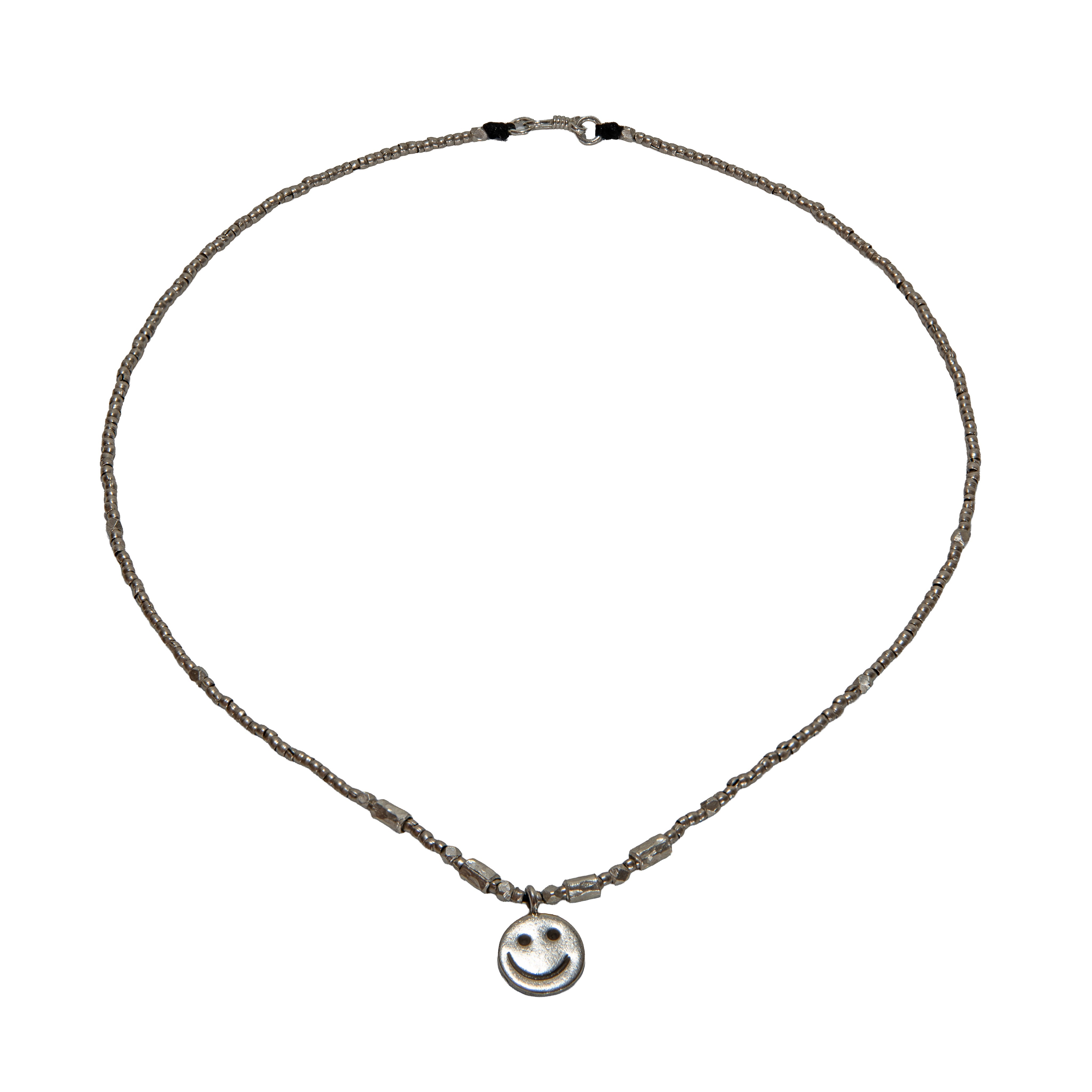 Handcrafted 98% Fine Karen Hill Tribe Silver Beaded Necklace with Smiley Face Pendant, Handmade Jewelry from Chiang Rai Thailand - Lalanna Design