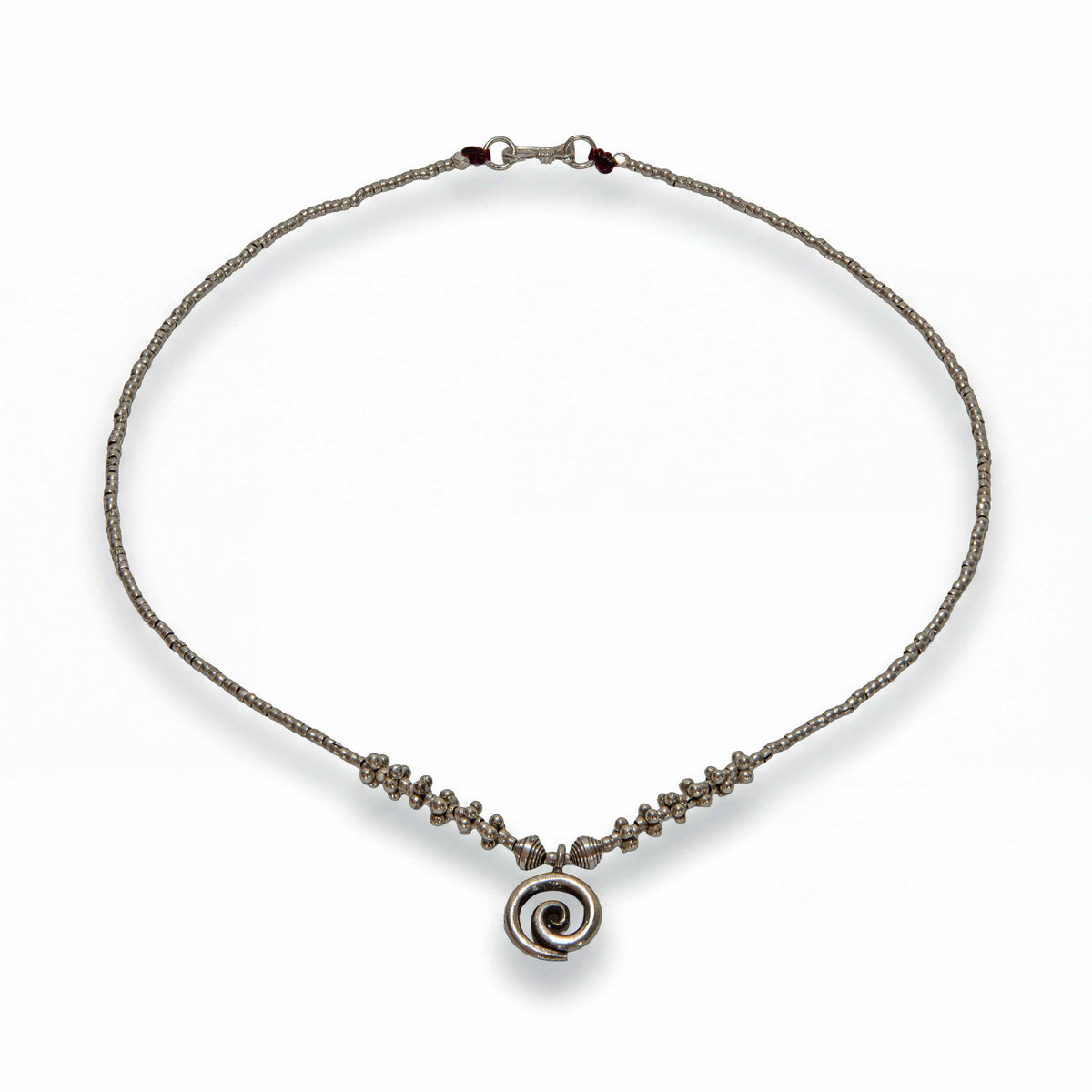 Handcrafted 98% Fine Karen Hill Tribe Silver Beaded Necklace with Spiral Pendant, Handmade Jewelry from Chiang Mai Thailand - Lalanna Design