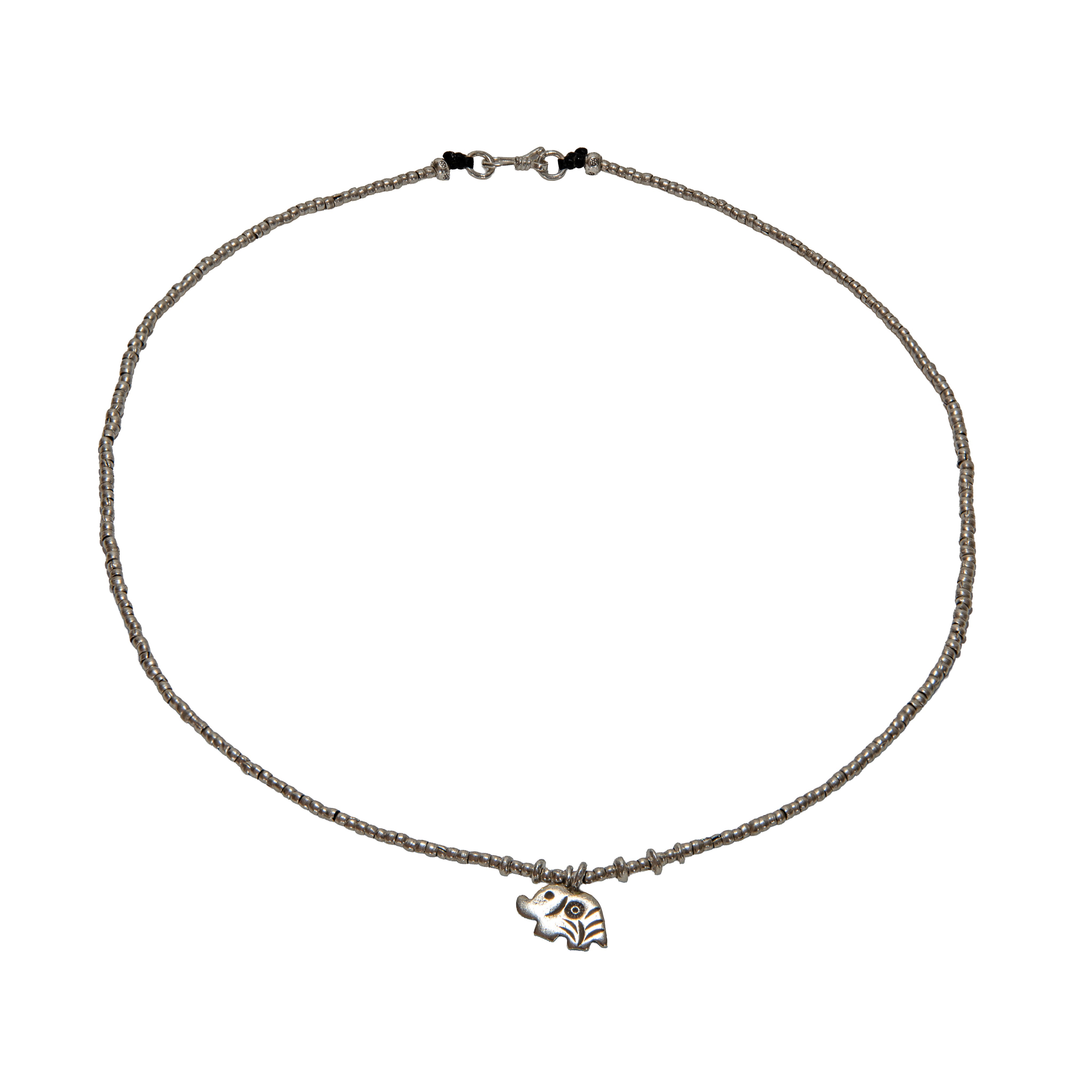Handcrafted 98% Fine Karen Hill Tribe Silver Beaded Necklace with Stylized Lucky Elephant Pendant, Handmade Jewelry from Chiang Rai Thailand - Lalanna Design