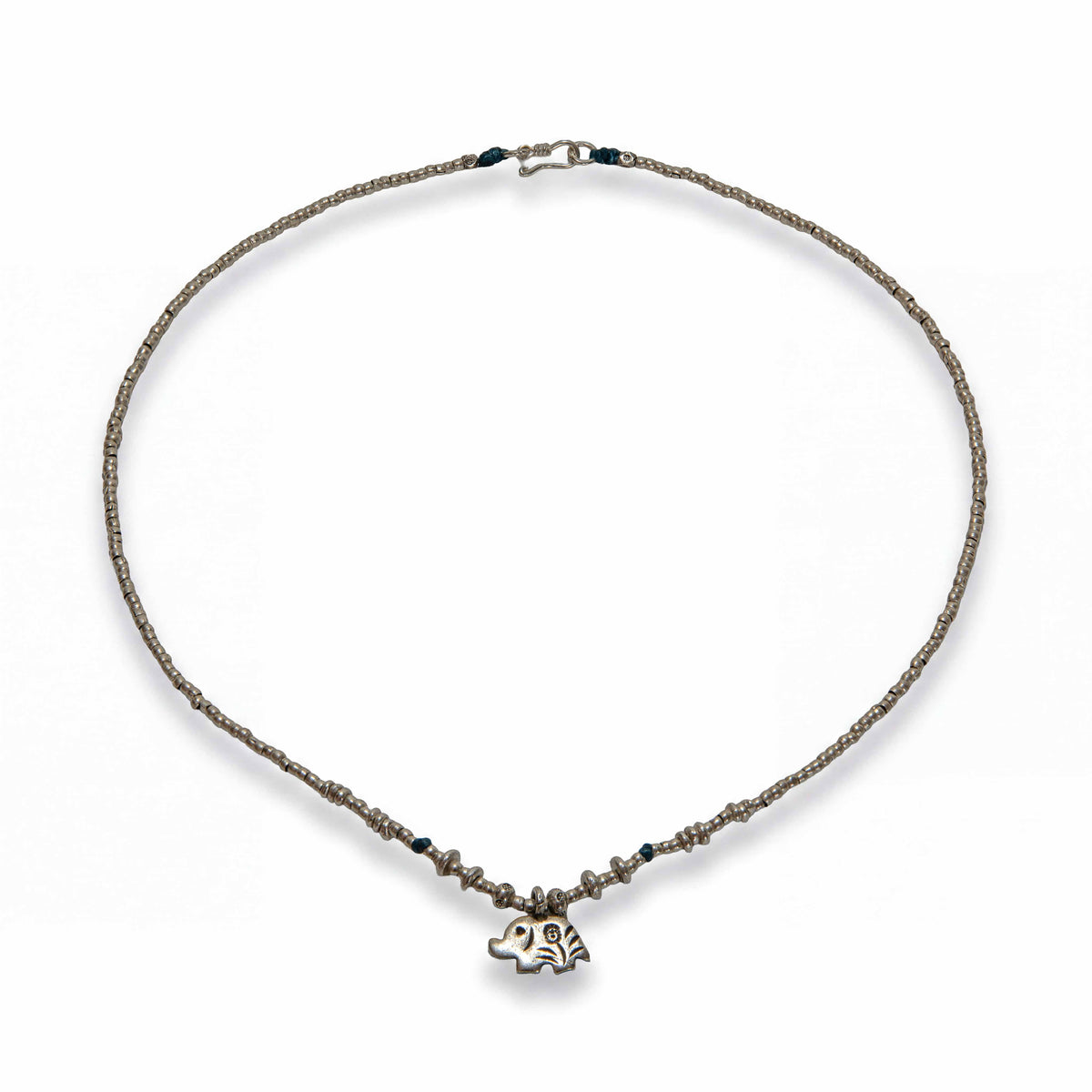 Handcrafted 98% Fine Karen Hill Tribe Silver Beaded Necklace with Stylized Lucky Elephant Pendant, Handmade Jewelry from Chiang Mai Thailand - Lalanna Design