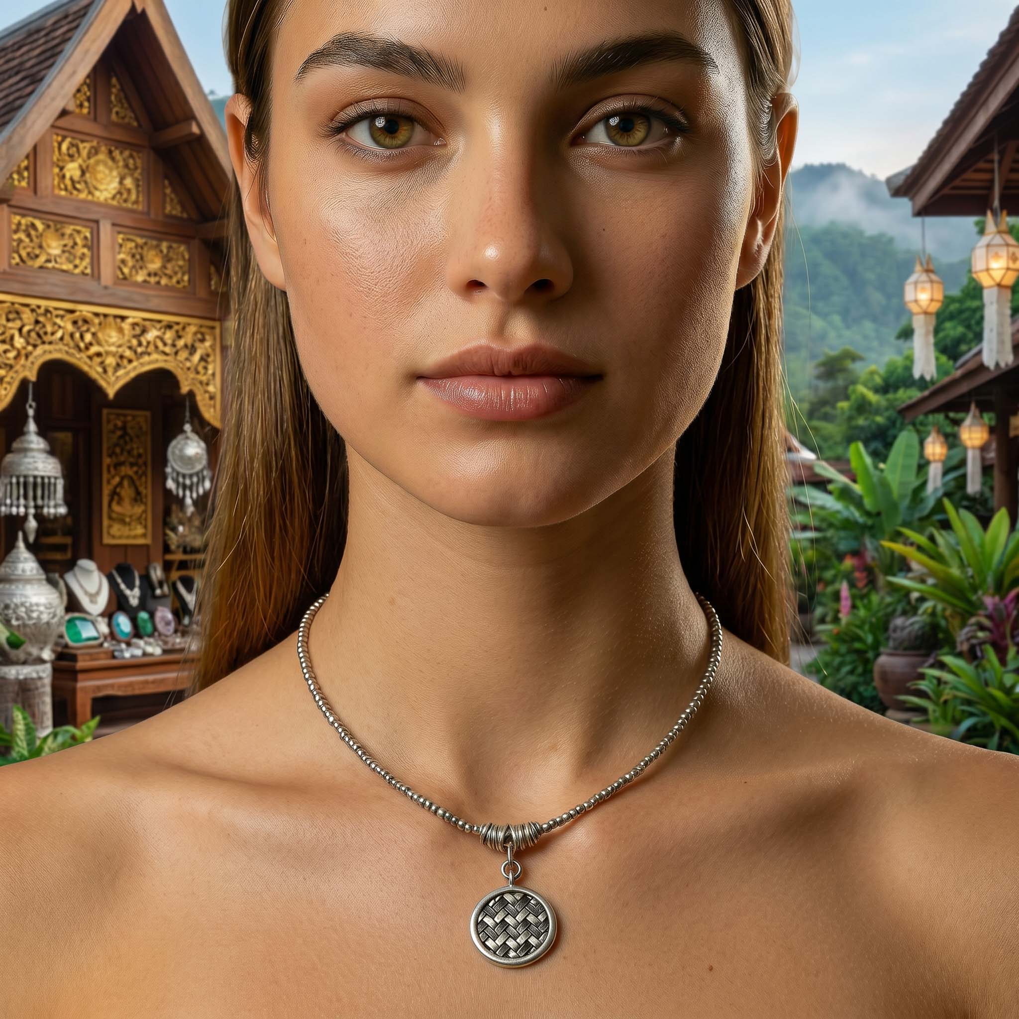 Handcrafted 98% Fine Karen Hill Tribe Silver Beaded Necklace with Woven Basket Round Pendant, Handmade Jewelry from Chiang Mai Thailand - Lalanna Design