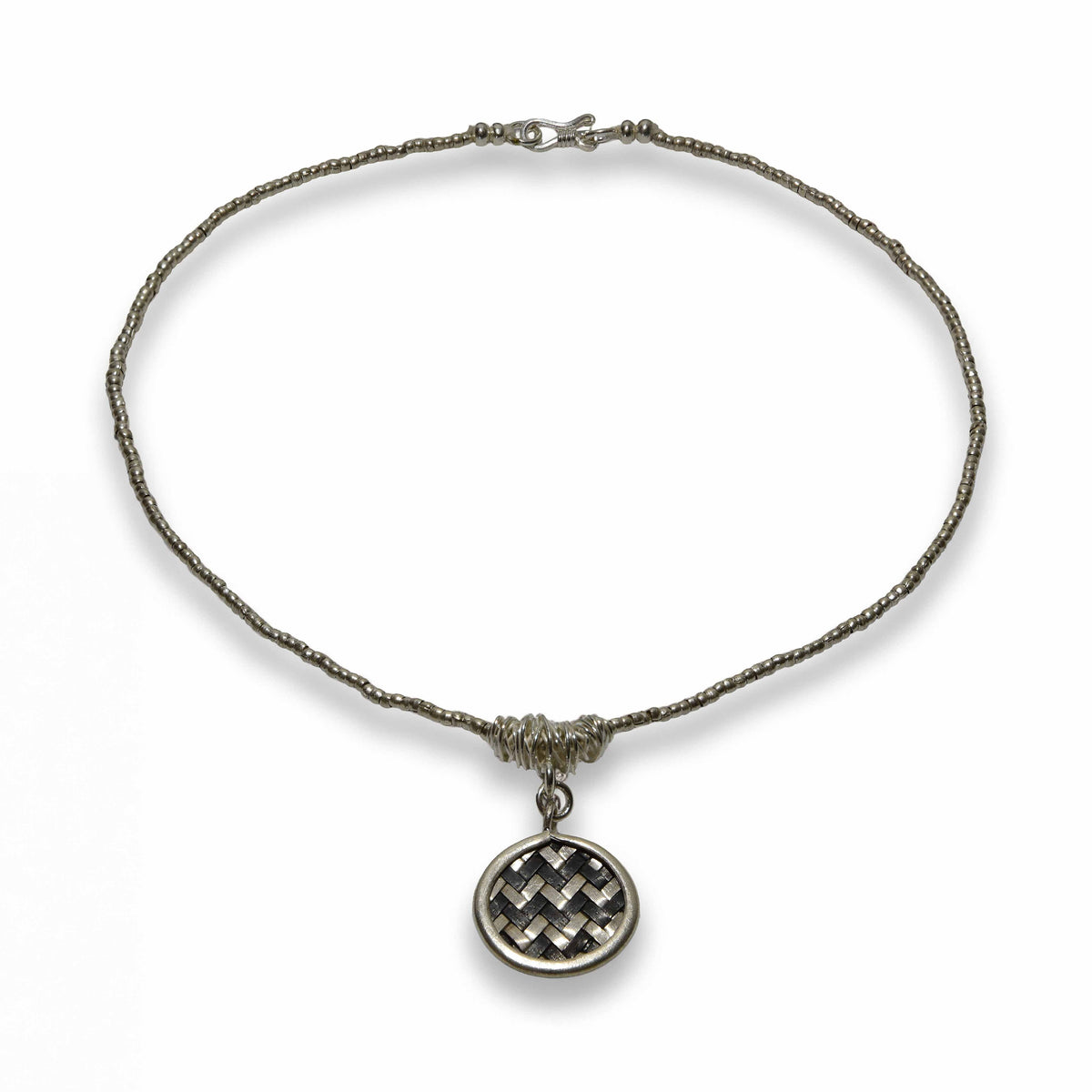 Handcrafted 98% Fine Karen Hill Tribe Silver Beaded Necklace with Woven Basket Round Pendant, Handmade Jewelry from Chiang Mai Thailand - Lalanna Design