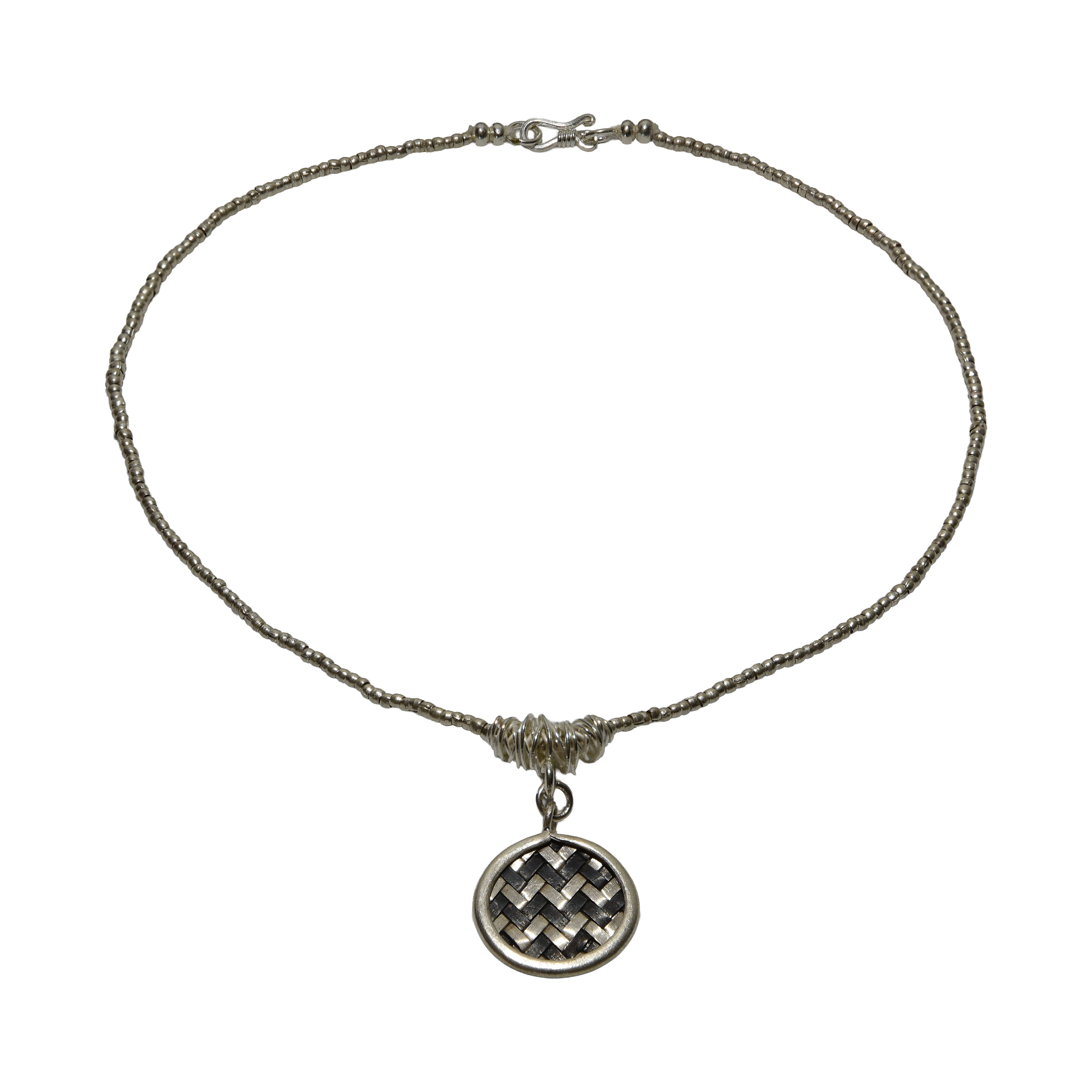 Handcrafted 98% Fine Karen Hill Tribe Silver Beaded Necklace with Woven Basket Round Pendant, Handmade Jewelry from Chiang Mai Thailand - Lalanna Design