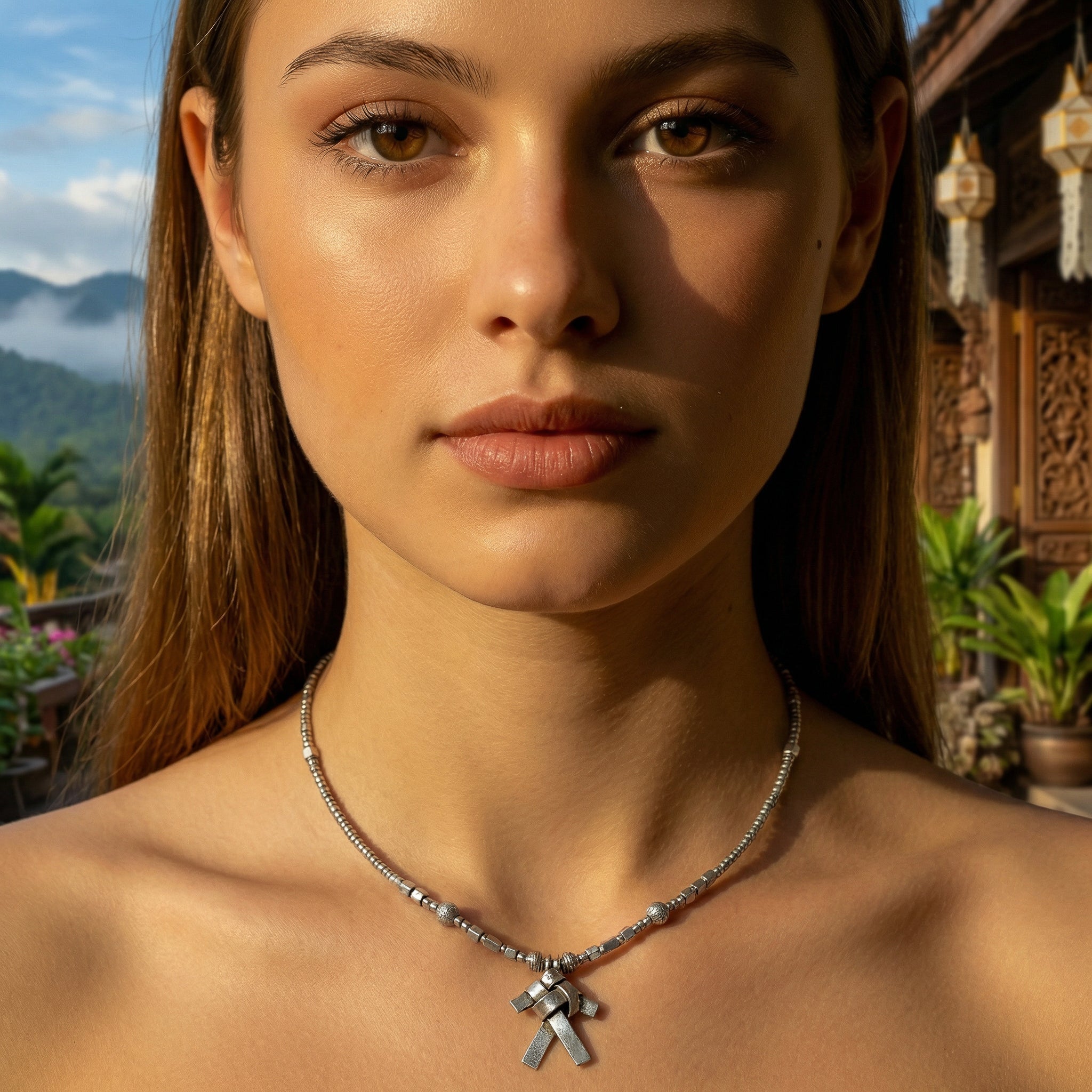 Handcrafted 98% Fine Karen Hill Tribe Silver Beaded Necklace with Woven Knot Pendant, Handmade Jewelry from Chiang Rai Thailand - Lalanna Design