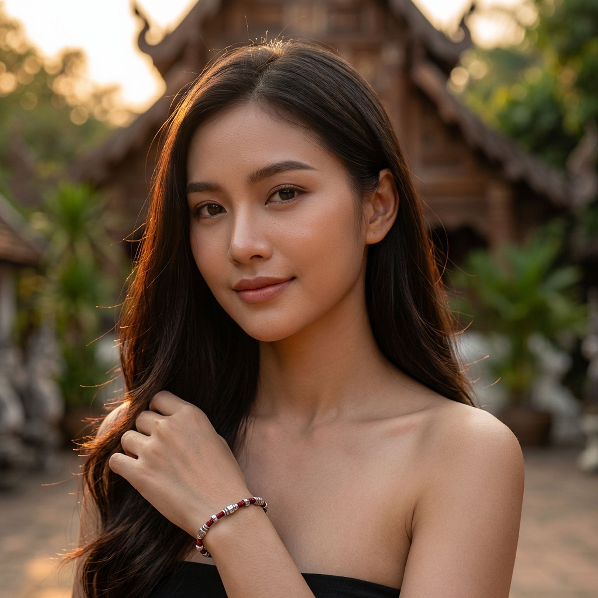 Handcrafted 98% Fine Karen Hill Tribe Silver Beaded Red Cord Bracelet - Handmade Jewelry from Chiang Rai Thailand - Lalanna Design