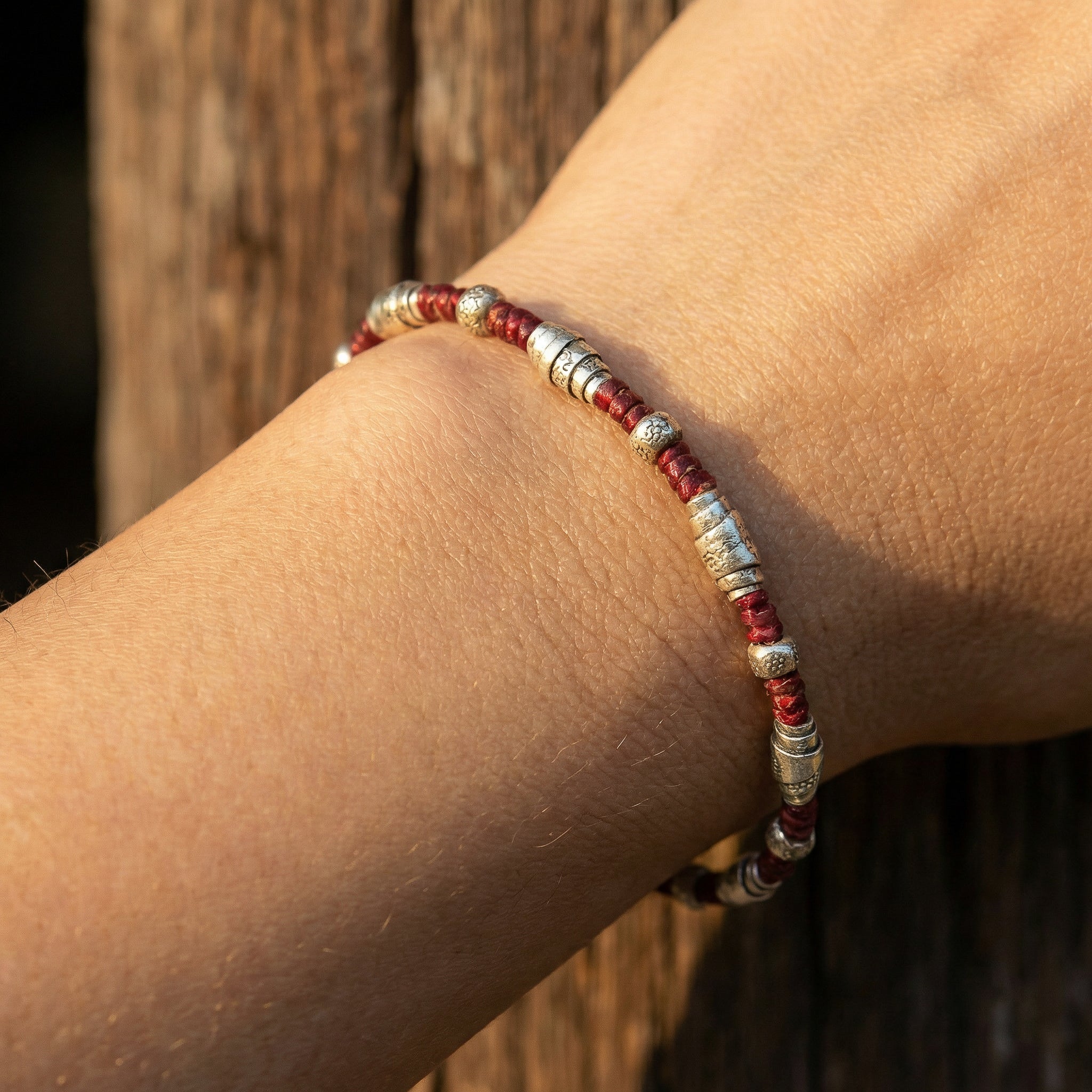 Handcrafted 98% Fine Karen Hill Tribe Silver Beaded Red Cord Bracelet - Handmade Jewelry from Chiang Mai Thailand - Lalanna Design